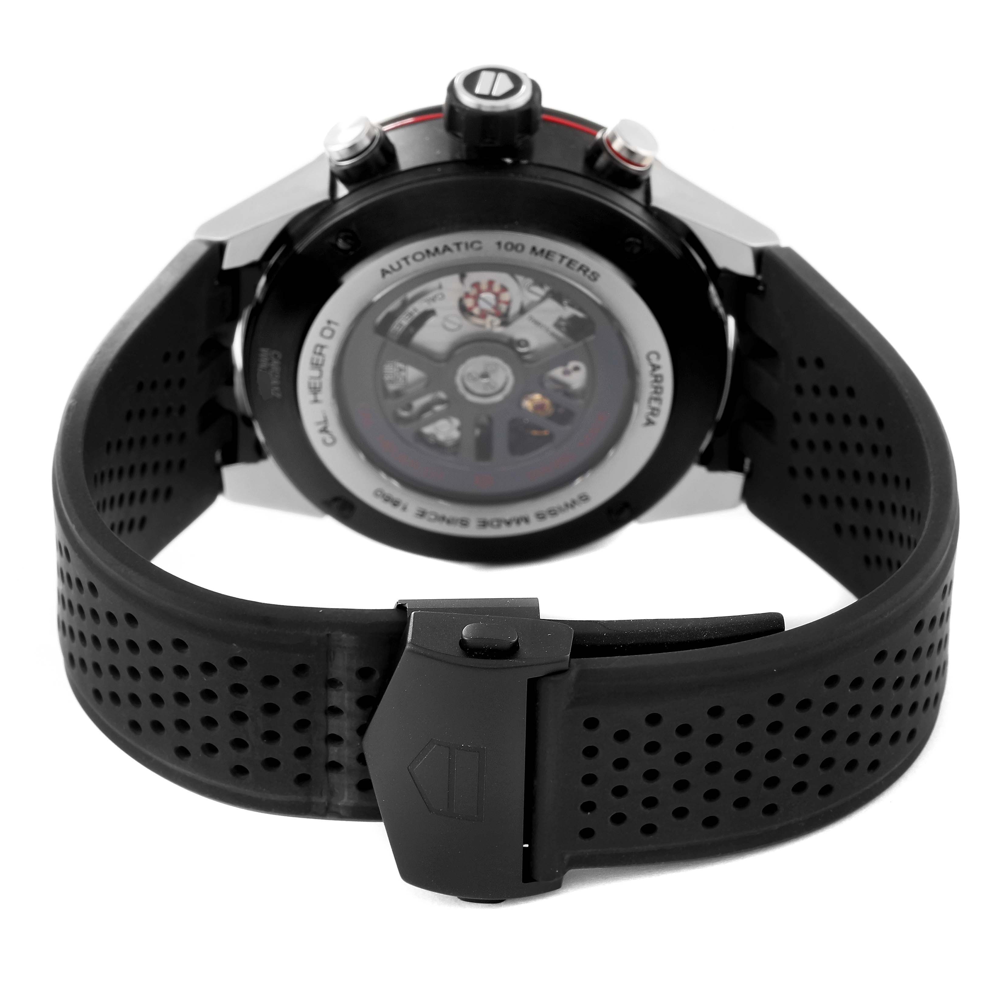 This image shows the back view of a Tag Heuer Carrera CAR2A1Z.FT6044 Men's Stainless Steel Black Dial CAR2A1Z.FT6044 Men's Stainless Steel Black Dial watch, highlighting the movement and the rubber strap.