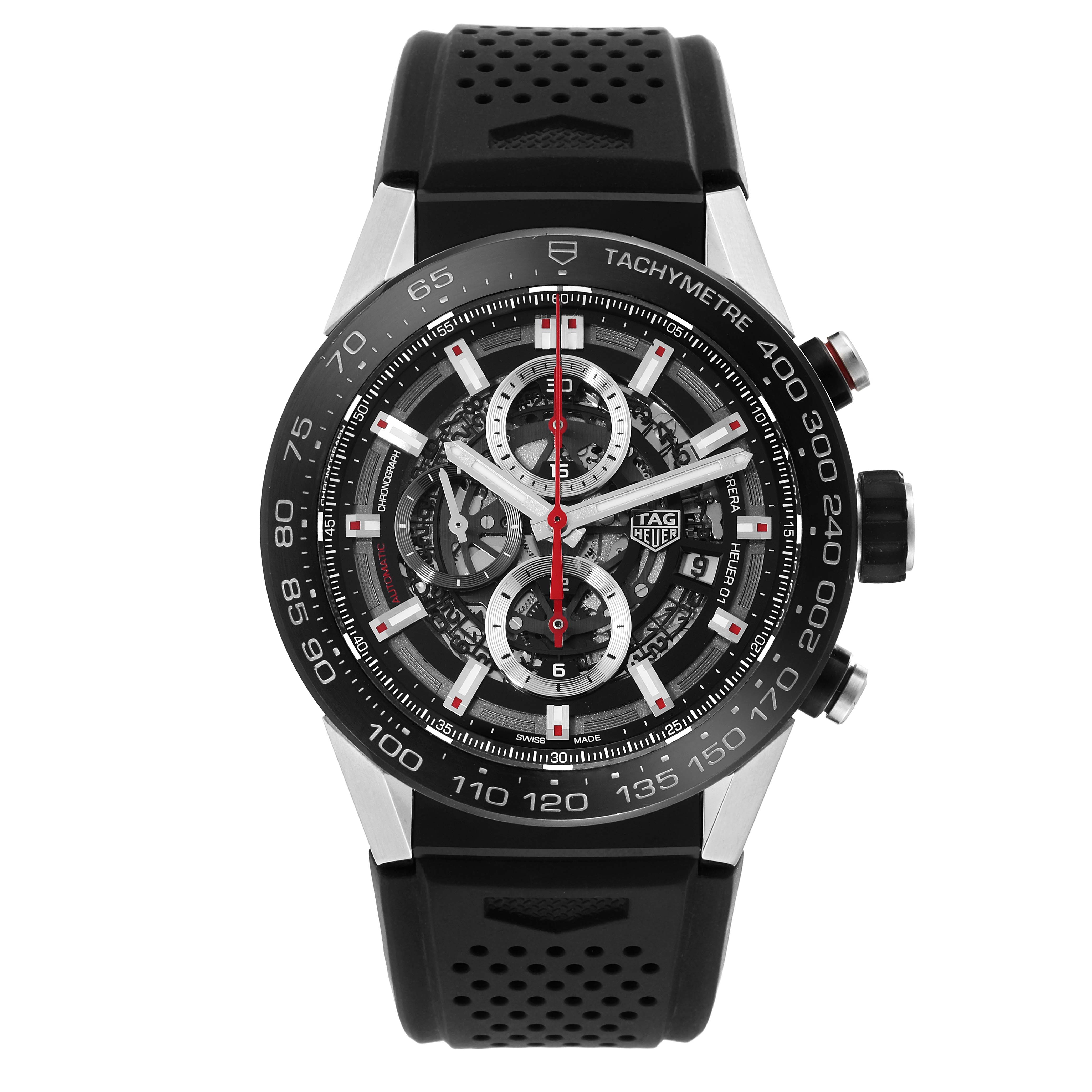 The image shows a front view of the Tag Heuer Carrera CAR2A1Z.FT6044 Men's Stainless Steel Black Dial CAR2A1Z.FT6044 Men's Stainless Steel Black Dial watch, highlighting its dial, bezel, and rubber strap.