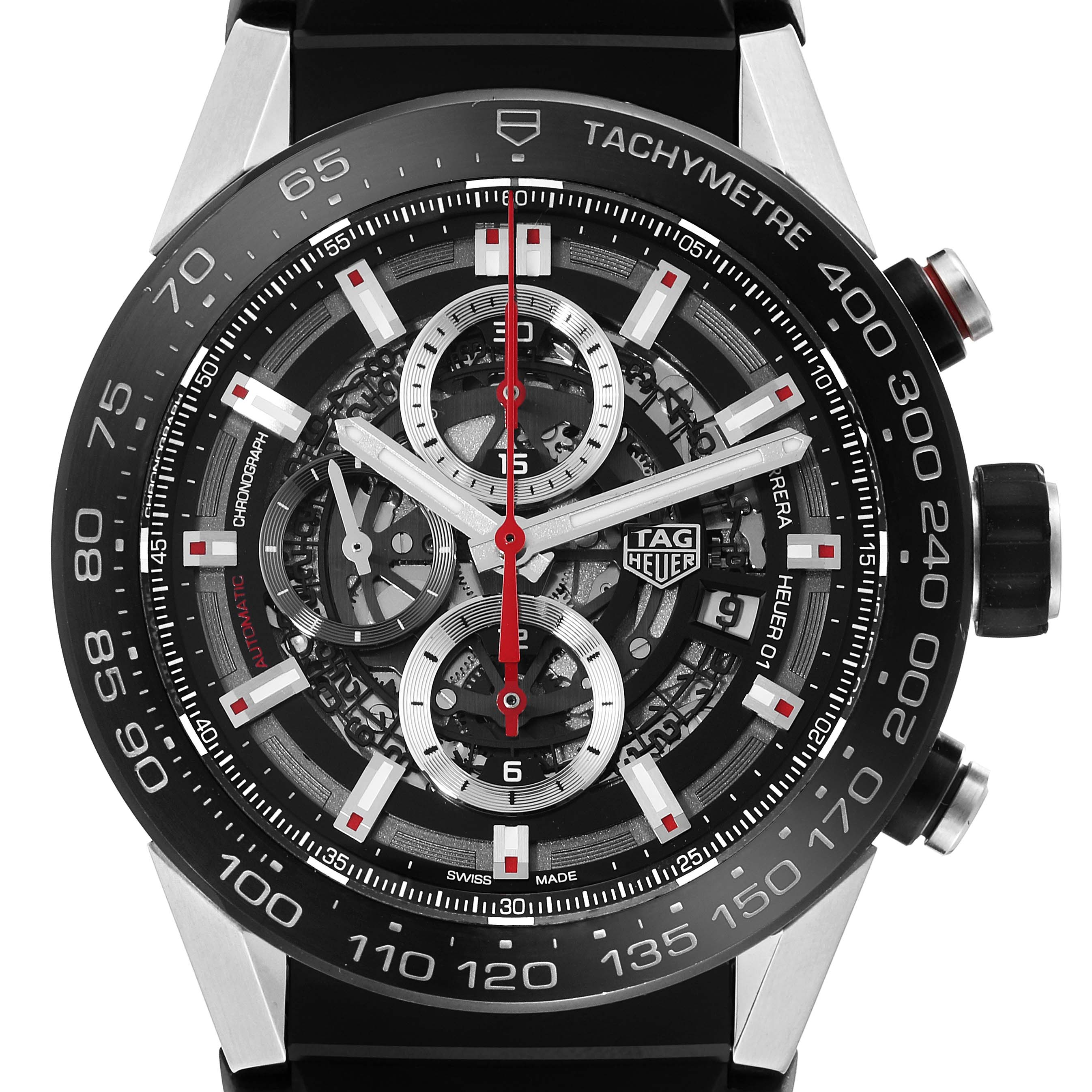 This image shows a front view of the Tag Heuer Carrera CAR2A1Z.FT6044 Men's Stainless Steel Black Dial CAR2A1Z.FT6044 Men's Stainless Steel Black Dial watch, highlighting the dial, tachymeter, and chronograph functions.