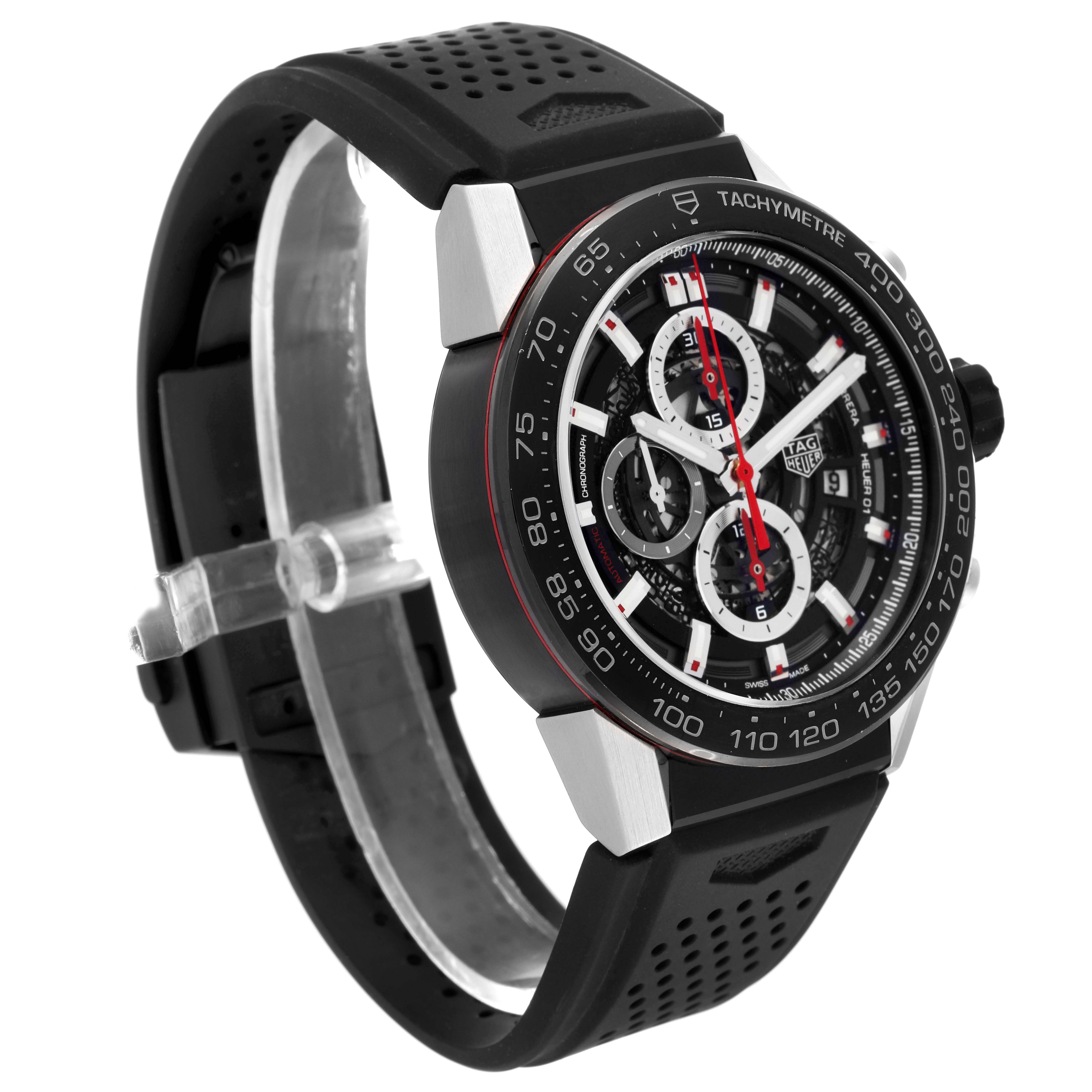 The image shows a side view of a Tag Heuer Carrera CAR2A1Z.FT6044 Men's Stainless Steel Black Dial CAR2A1Z.FT6044 Men's Stainless Steel Black Dial watch, highlighting the black strap, tachymeter bezel, and chronograph dials.