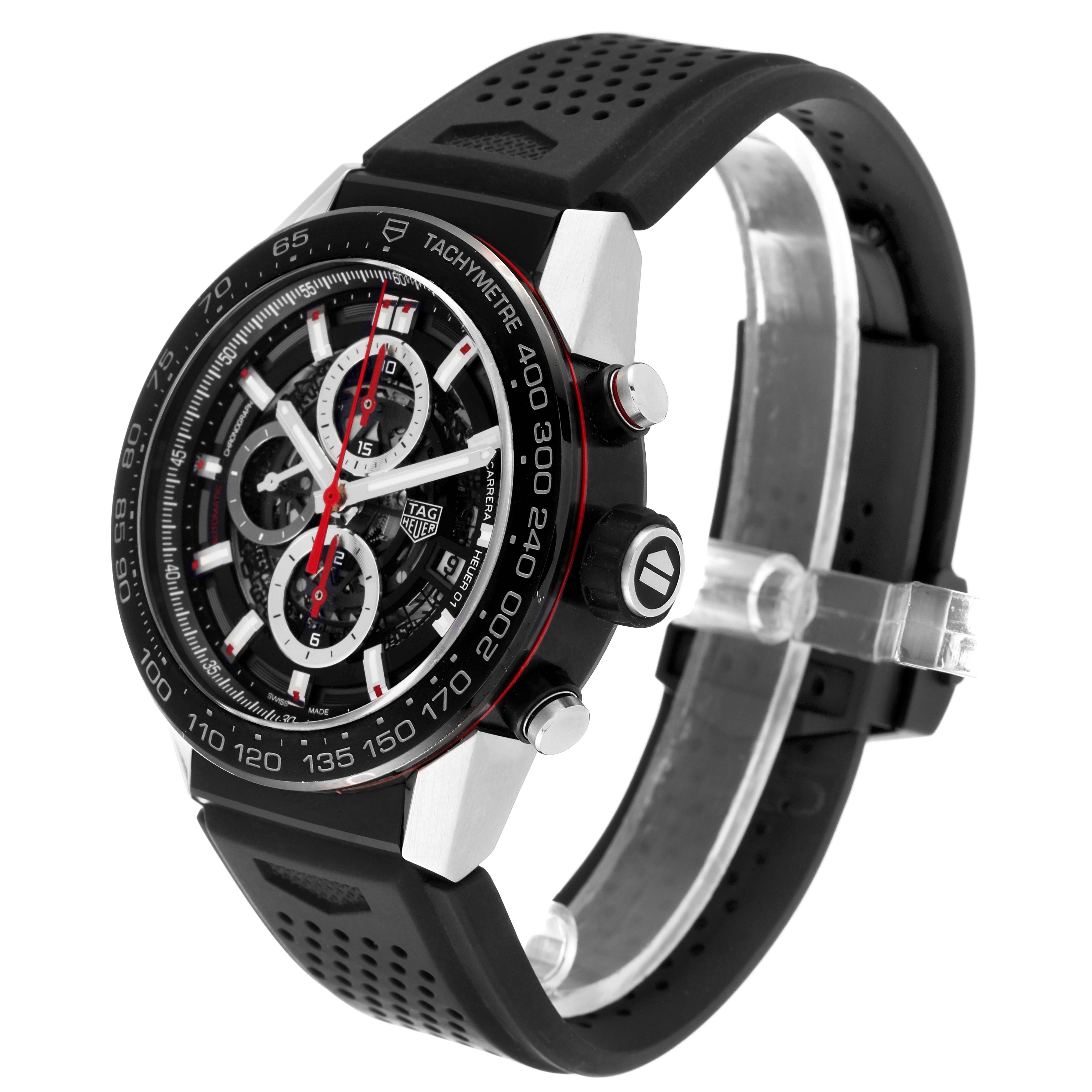 The Tag Heuer Carrera CAR2A1Z.FT6044 Men's Stainless Steel Black Dial CAR2A1Z.FT6044 Men's Stainless Steel Black Dial watch is shown at a three-quarter angle, highlighting its dial, tachymeter bezel, and perforated strap.