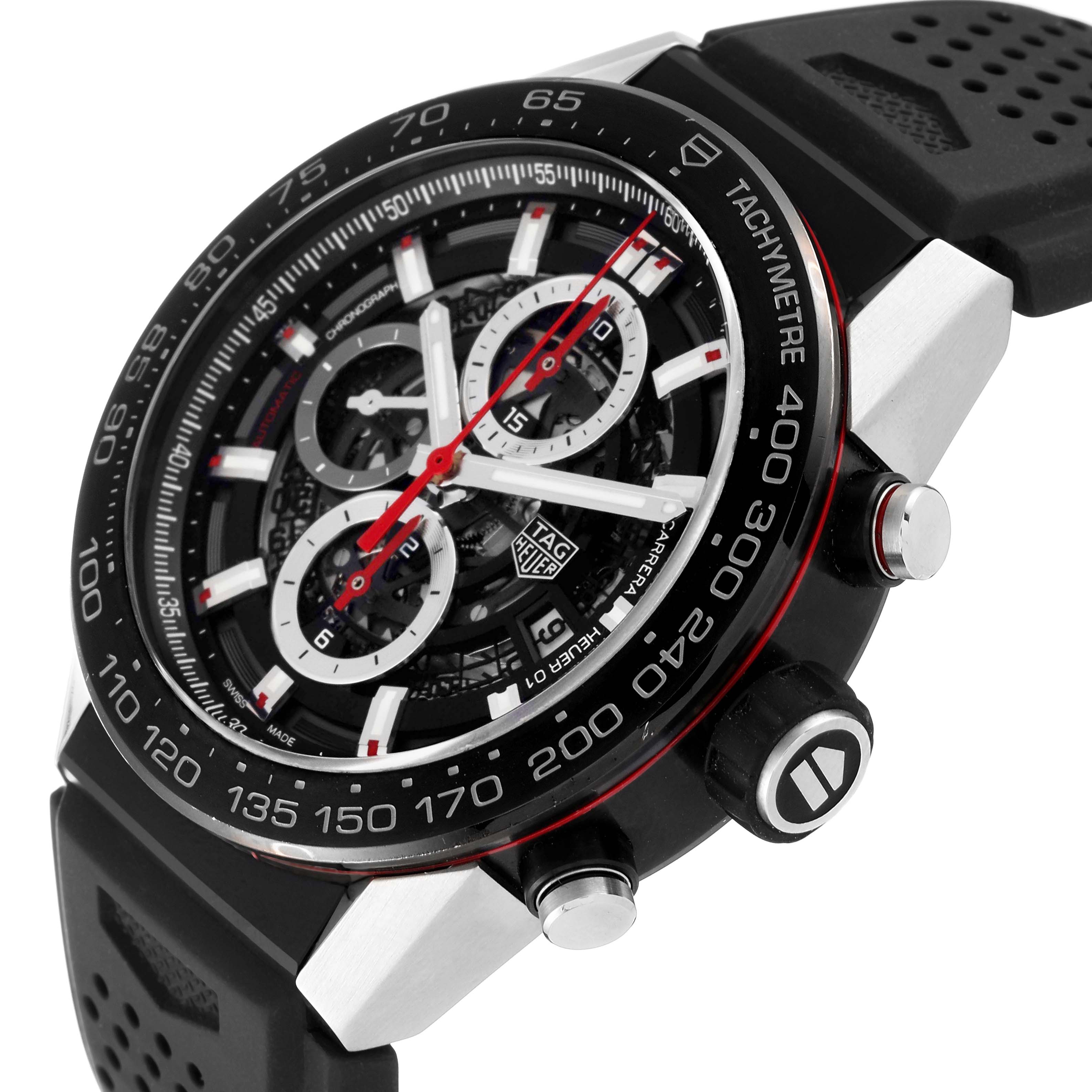 The image shows a close-up, angled view of a Tag Heuer Carrera CAR2A1Z.FT6044 Men's Stainless Steel Black Dial CAR2A1Z.FT6044 Men's Stainless Steel Black Dial watch, highlighting its face, bezel, and chronograph buttons.
