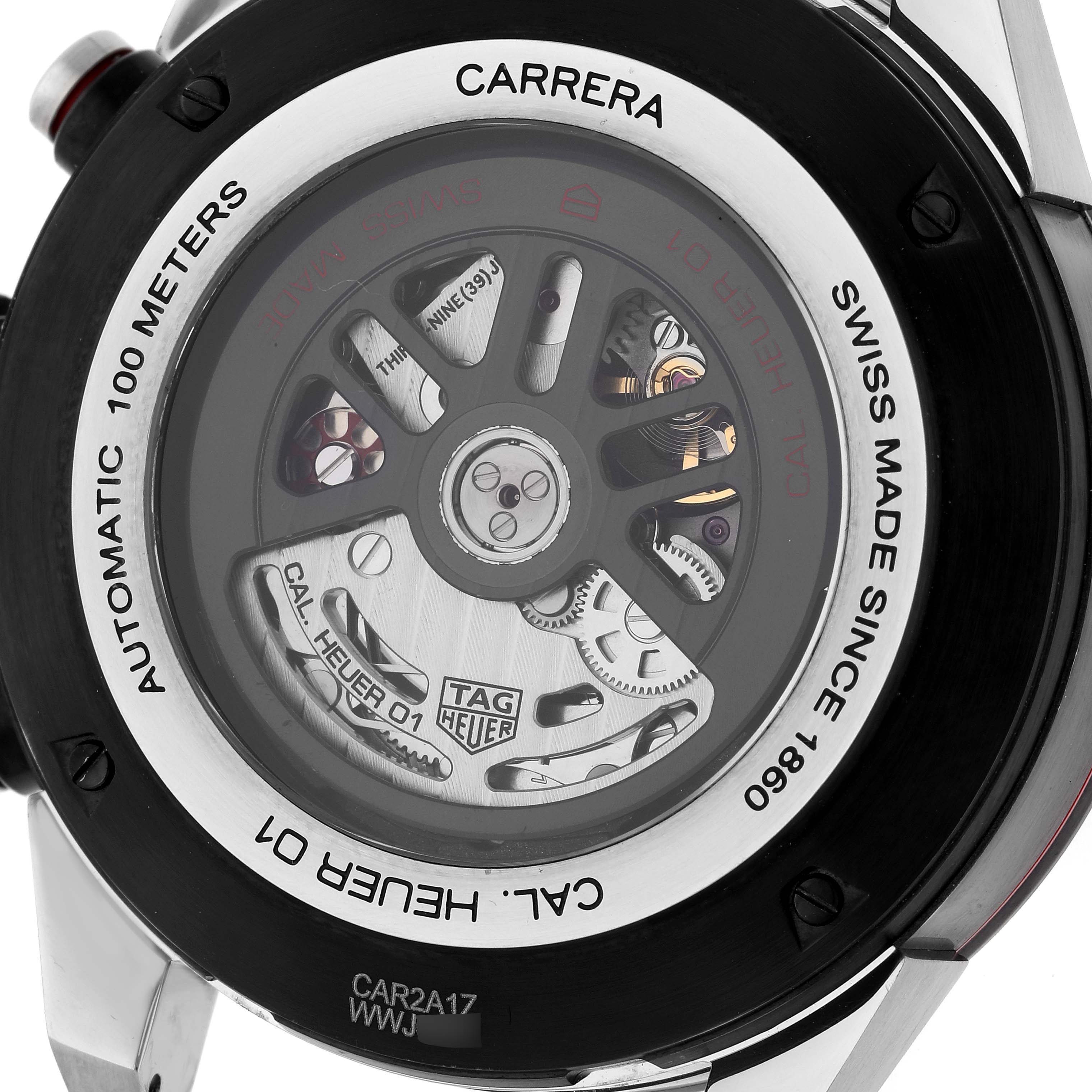 This image shows the back view of a Tag Heuer Carrera CAR2A1Z.FT6044 Men's Stainless Steel Black Dial CAR2A1Z.FT6044 Men's Stainless Steel Black Dial watch, highlighting its automatic movement and detailed engravings.