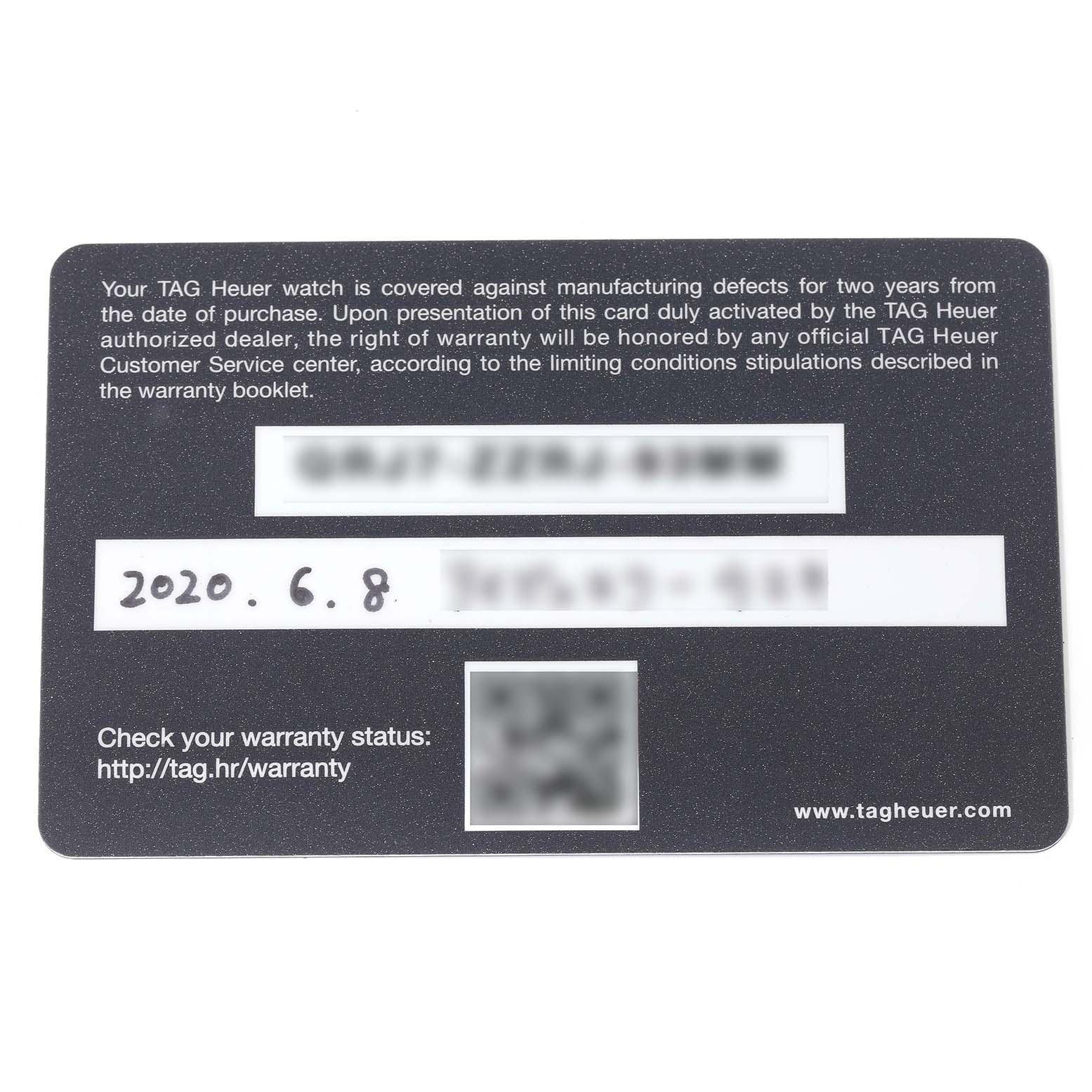 This image shows the warranty card for a Tag Heuer Carrera CBG2A90.BH0653 Men's Ceramic Black Dial CBG2A90.BH0653 Men's Ceramic Black Dial model watch, displaying text details about the warranty coverage.