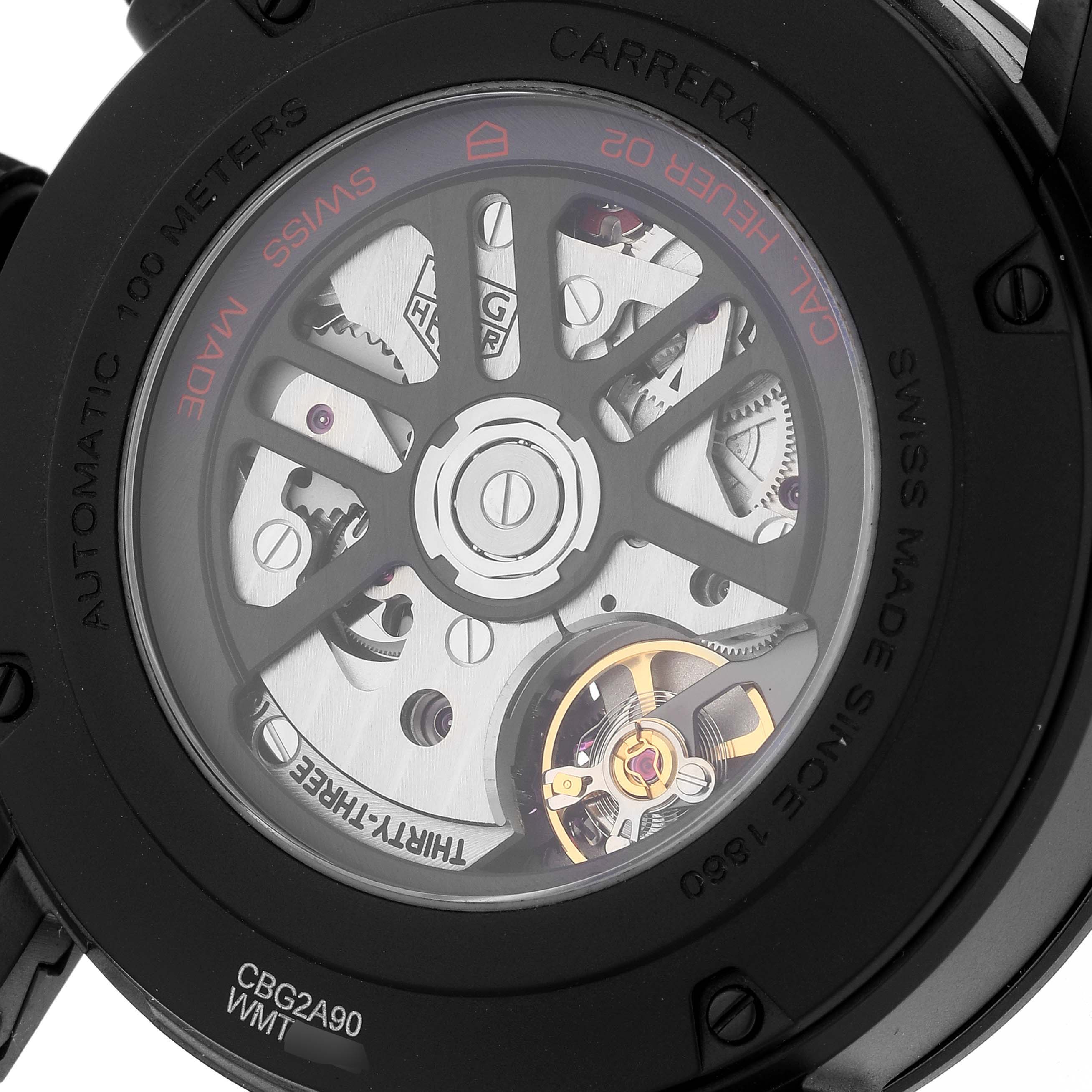 The image shows the back view of a Tag Heuer Carrera CBG2A90.BH0653 Men's Ceramic Black Dial CBG2A90.BH0653 Men's Ceramic Black Dial watch, displaying its internal automatic movement.