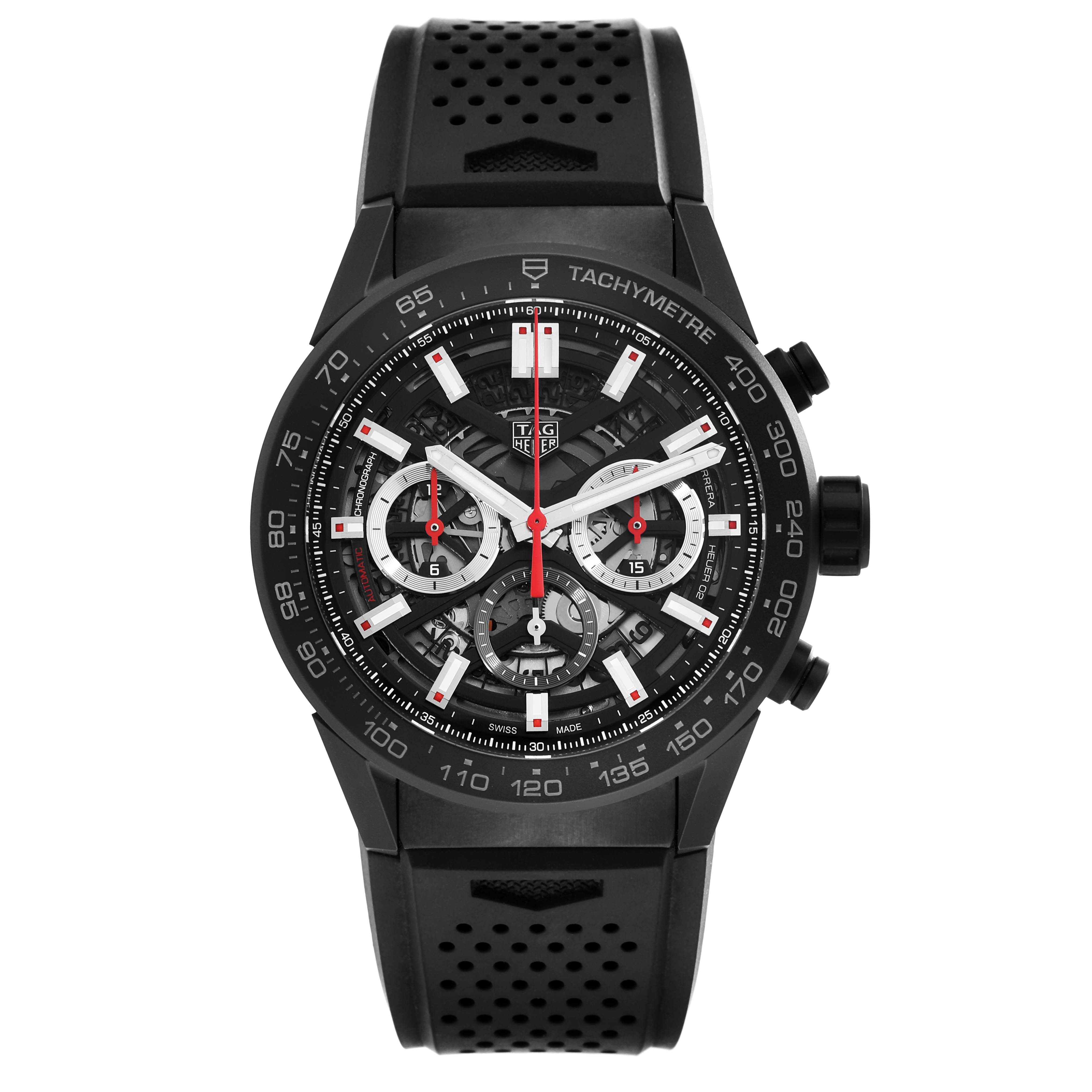 The image shows a front view of a Tag Heuer Carrera CBG2A90.BH0653 Men's Ceramic Black Dial CBG2A90.BH0653 Men's Ceramic Black Dial watch, displaying its dial, tachymeter bezel, and black rubber strap.