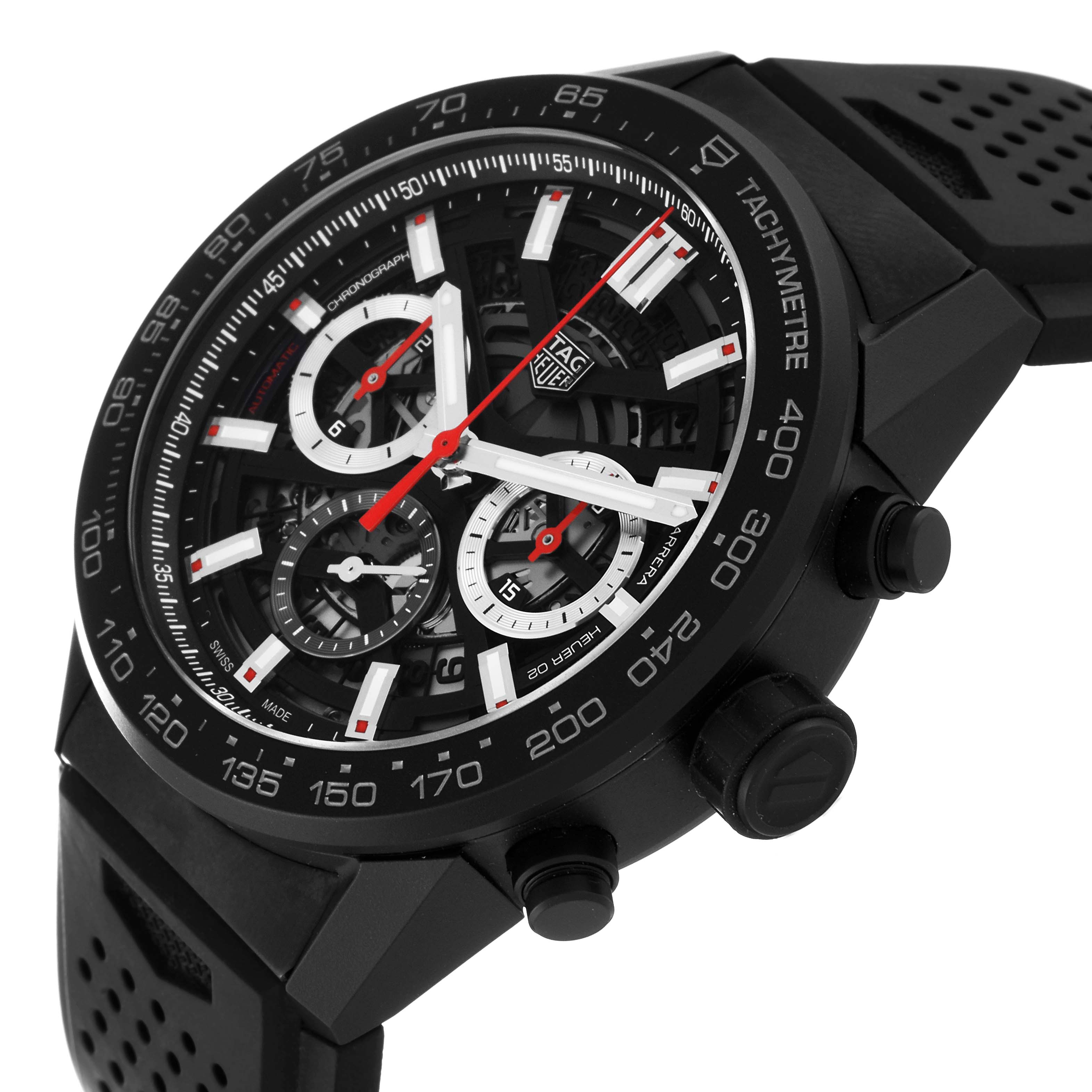 The Tag Heuer Carrera CBG2A90.BH0653 Men's Ceramic Black Dial CBG2A90.BH0653 Men's Ceramic Black Dial watch is shown from an angled perspective, highlighting its black tachymeter bezel, skeleton dial, and pushers on the side.