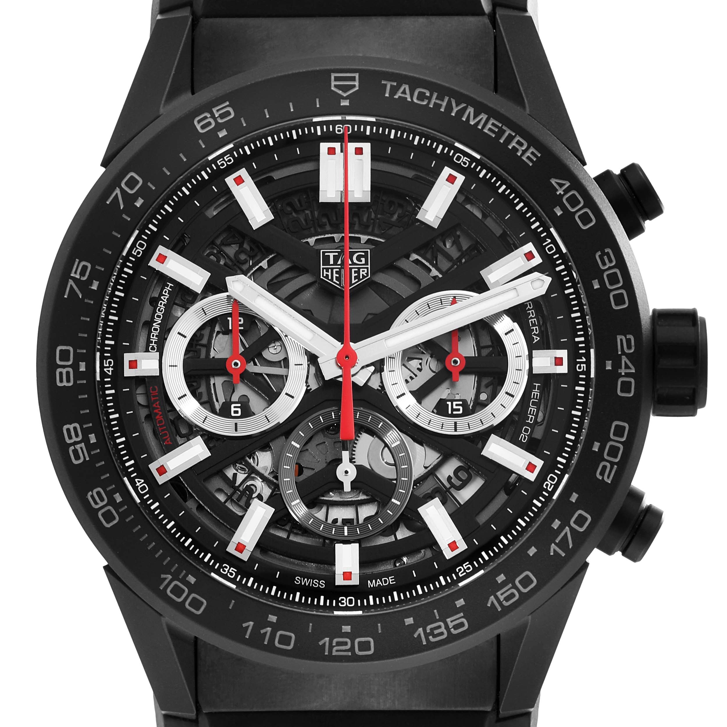 The image shows a close-up of the dial and bezel of a Tag Heuer Carrera CBG2A90.BH0653 Men's Ceramic Black Dial CBG2A90.BH0653 Men's Ceramic Black Dial watch, highlighting the chronograph sub-dials and tachymeter scale.