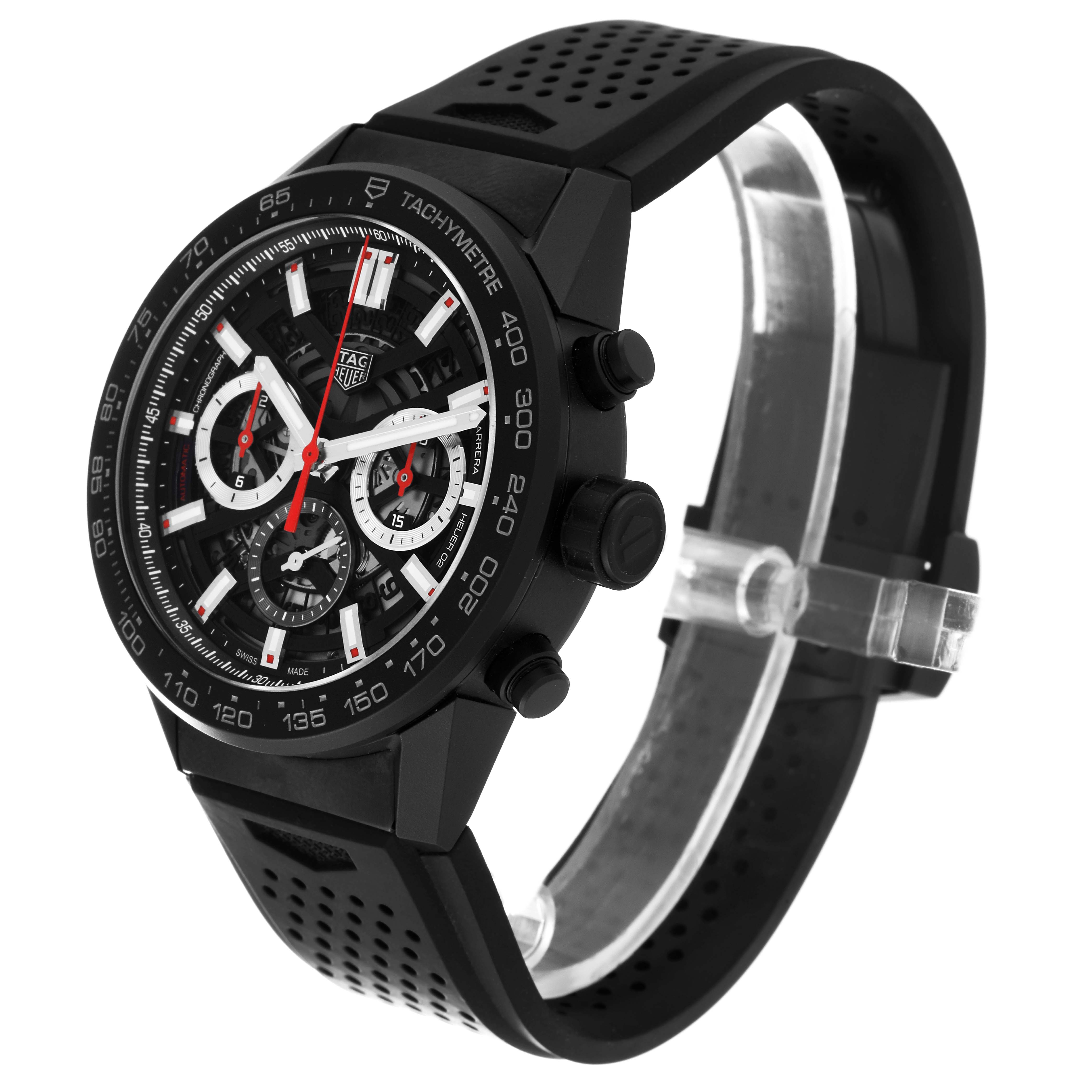 The image shows a Tag Heuer Carrera CBG2A90.BH0653 Men's Ceramic Black Dial CBG2A90.BH0653 Men's Ceramic Black Dial watch at an angle highlighting the face, bezel, and part of the perforated strap.