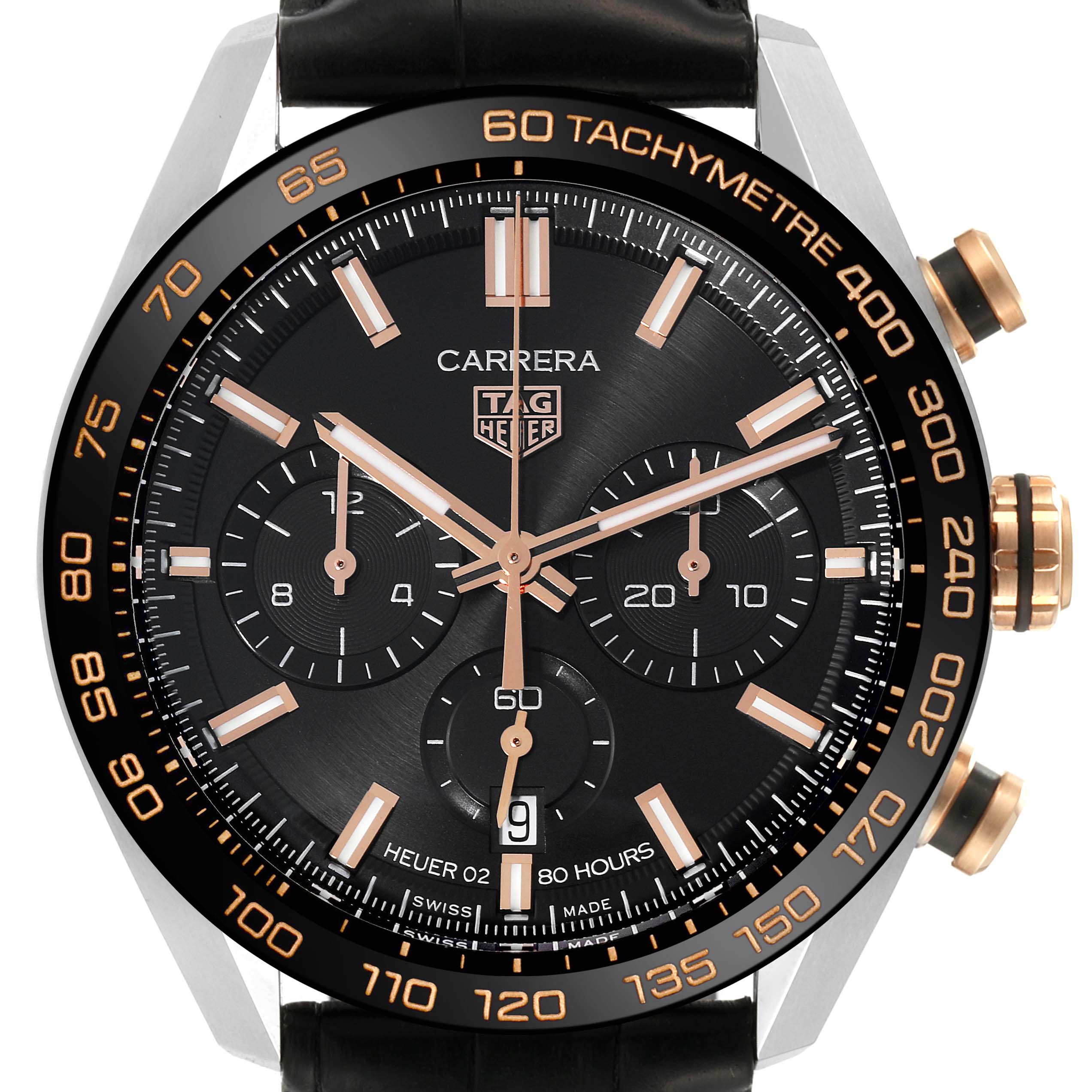 The image shows a front view of the Tag Heuer Carrera CBN2A5A.FC6481 Men's Steel and Gold (two tone) Black Dial CBN2A5A.FC6481 Men's Steel and Gold (two tone) Black Dial watch, highlighting the dial, subdials, tachymeter bezel, and crown.