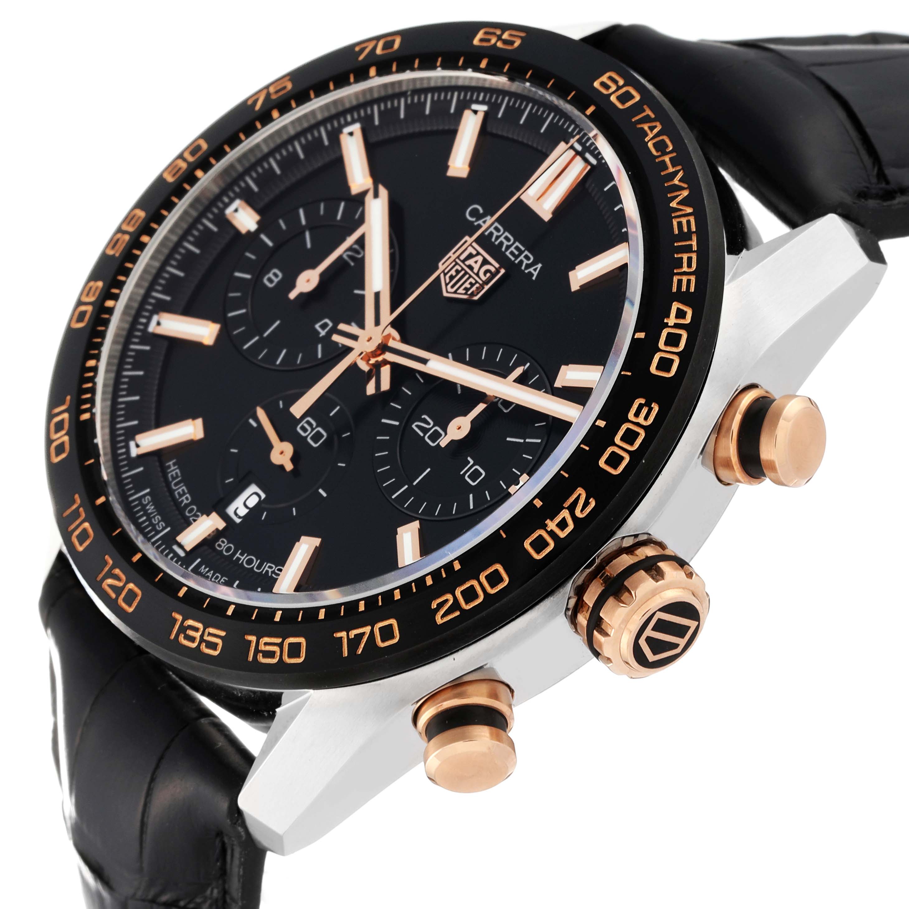 The image shows a close-up side view of the Tag Heuer Carrera CBN2A5A.FC6481 Men's Steel and Gold (two tone) Black Dial CBN2A5A.FC6481 Men's Steel and Gold (two tone) Black Dial watch, highlighting its dial, bezel, and pushers.