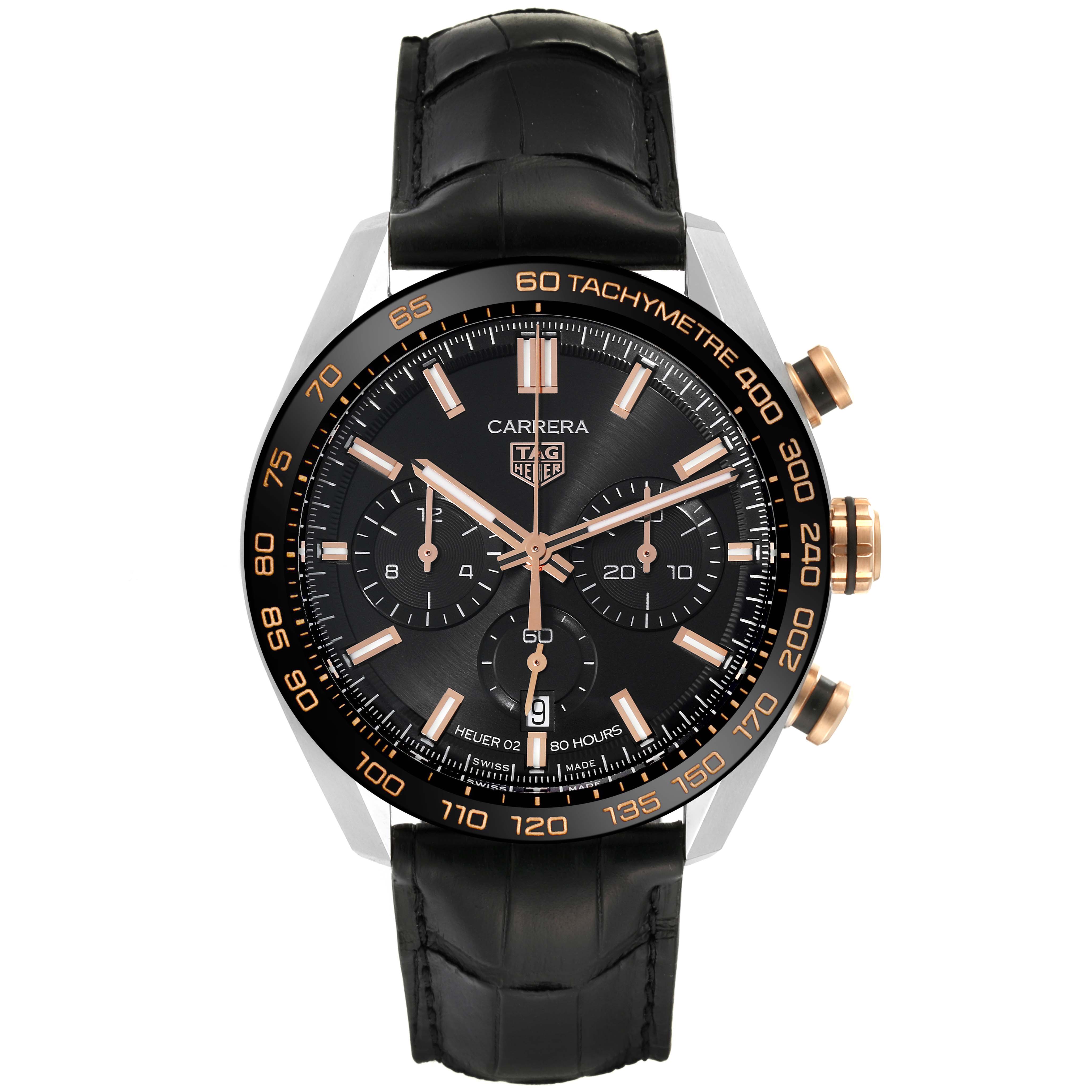 The image shows a front view of the Tag Heuer Carrera CBN2A5A.FC6481 Men's Steel and Gold (two tone) Black Dial CBN2A5A.FC6481 Men's Steel and Gold (two tone) Black Dial watch featuring a black dial and leather strap with gold-tone accents.
