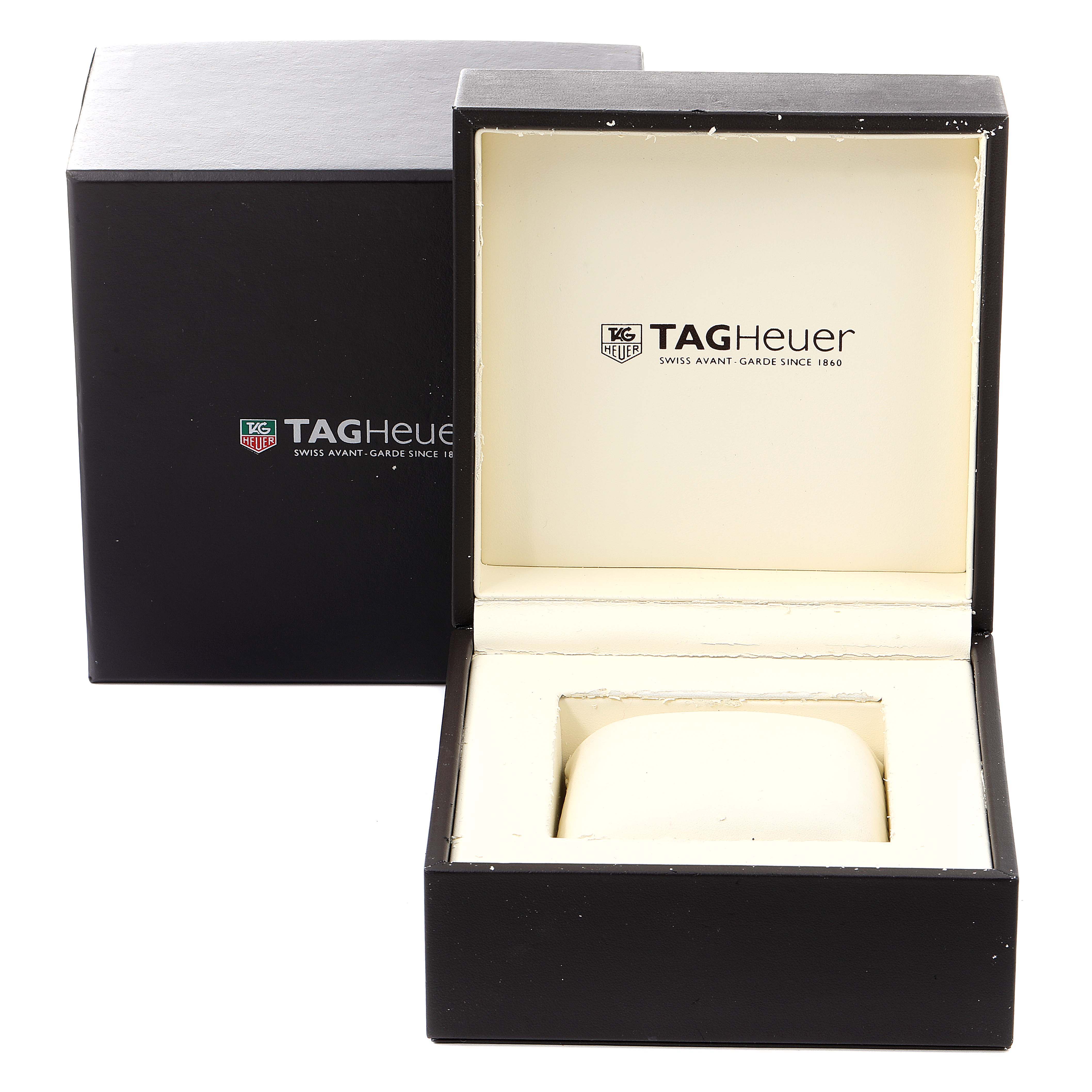 This image shows the packaging for the Tag Heuer Link WJF1354.BB0581 Women
s Steel and Gold (two tone) Mother of Pearl Dial WJF1354.BB0581 Women
s Steel and Gold (two tone) Mother of Pearl Dial model, including the closed outer box and the open watch box.