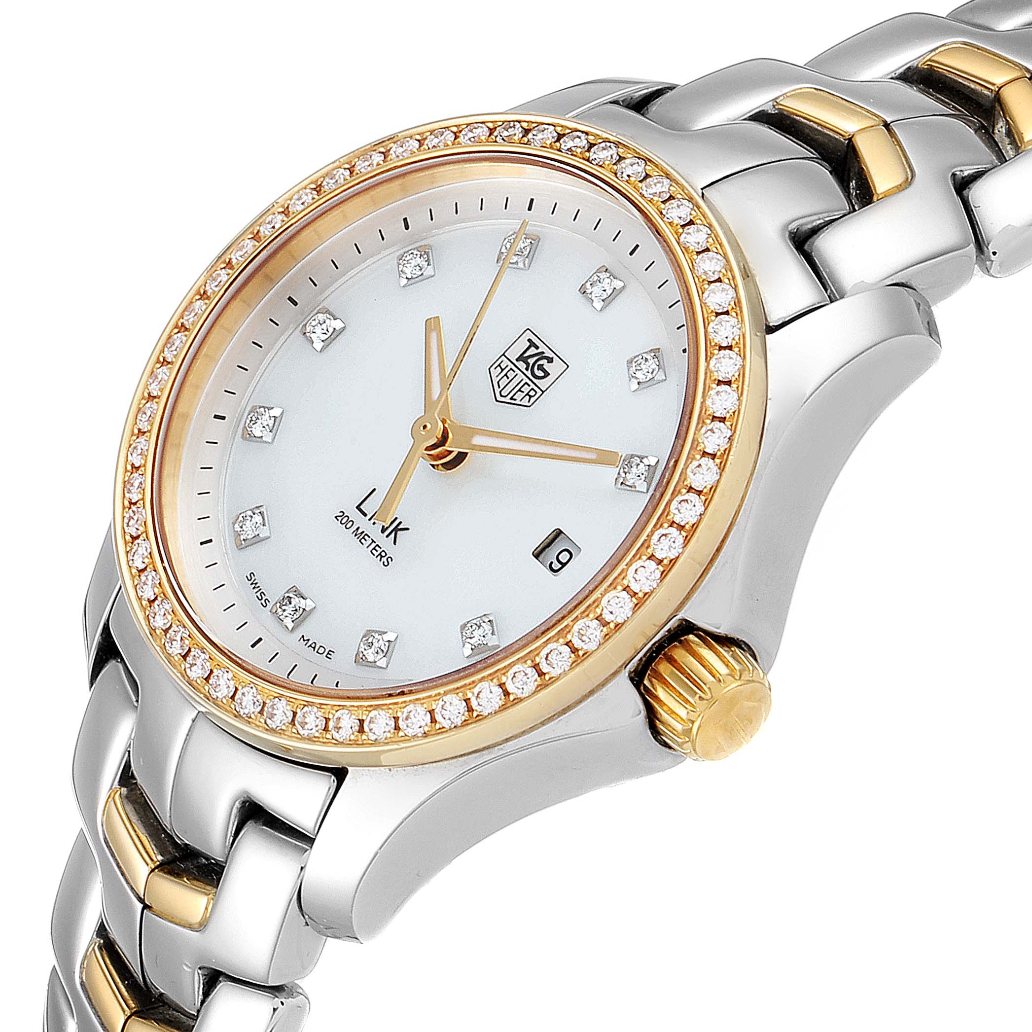 This image shows the Tag Heuer Link WJF1354.BB0581 Women
s Steel and Gold (two tone) Mother of Pearl Dial WJF1354.BB0581 Women
s Steel and Gold (two tone) Mother of Pearl Dial model watch from an angled side view, highlighting its dial, bezel, and part of the bracelet.