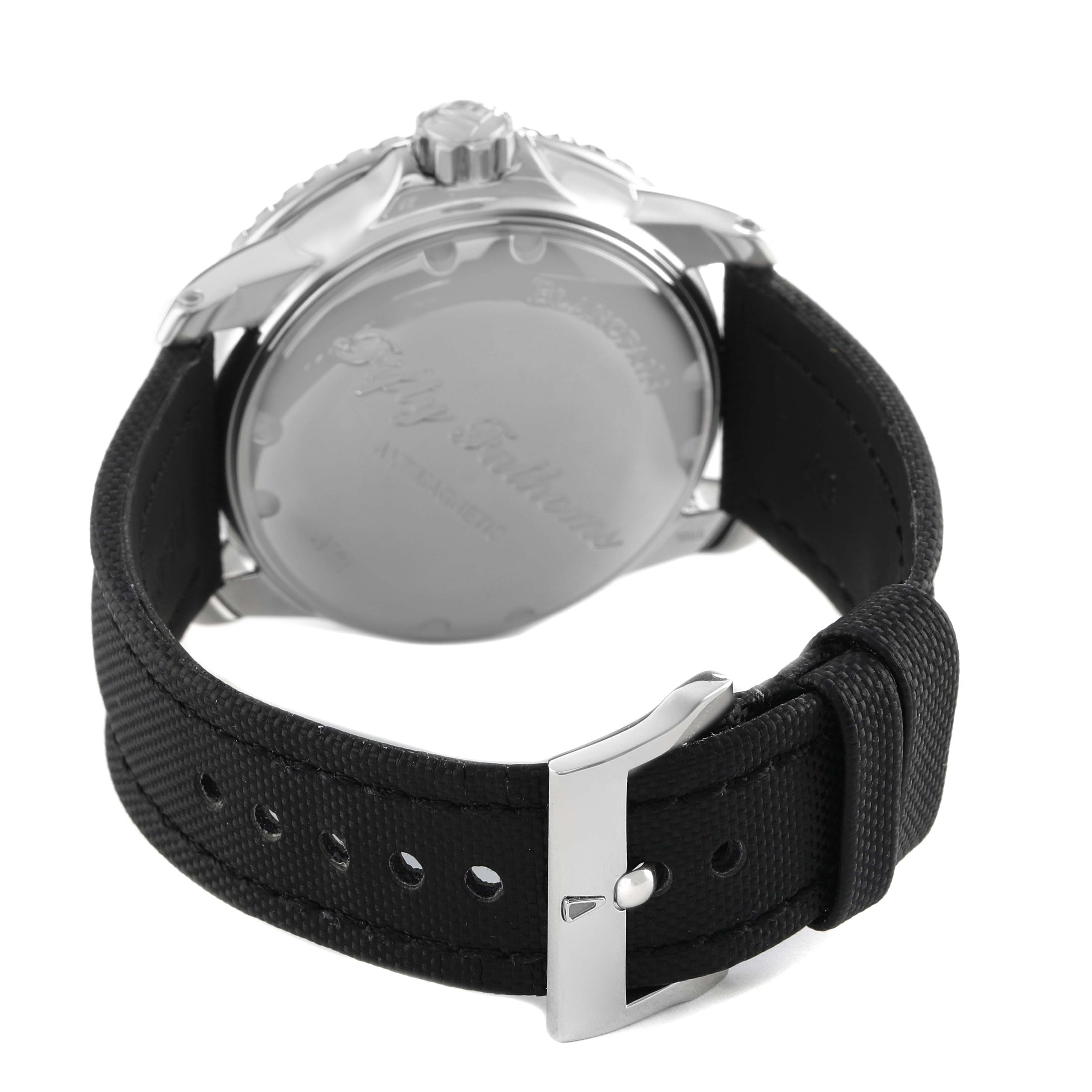 The image shows the back case and strap of a Blancpain Fifty Fathoms 5015-1130-52A Men's Stainless Steel Black Dial watch from a rear angle.