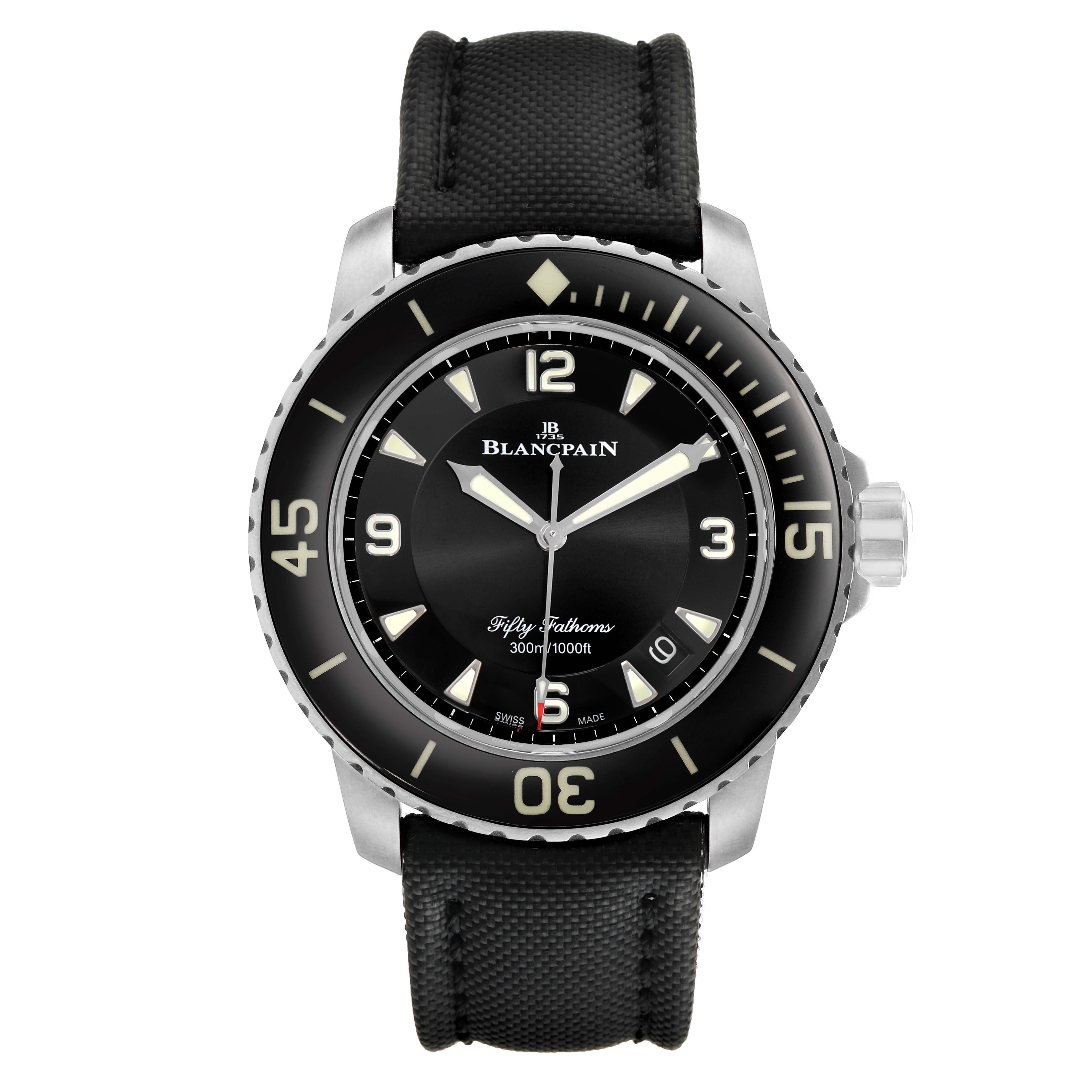 The Blancpain Fifty Fathoms 5015-1130-52A Men's Stainless Steel Black Dial watch is shown from a front view, displaying the black dial, bezel, and strap.