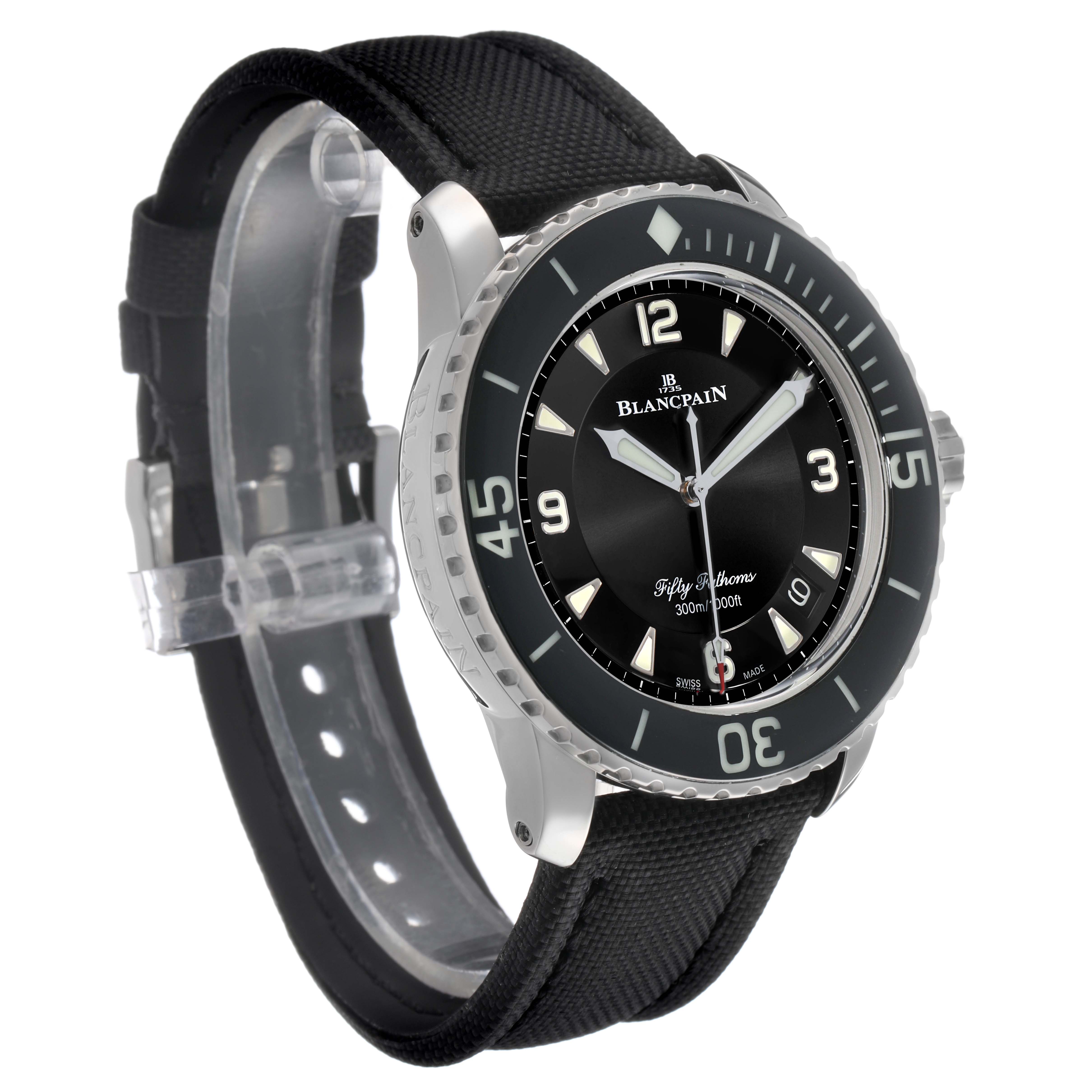The Blancpain Fifty Fathoms 5015-1130-52A Men's Stainless Steel Black Dial is shown at an angled view highlighting the bezel, dial, crown, and strap.