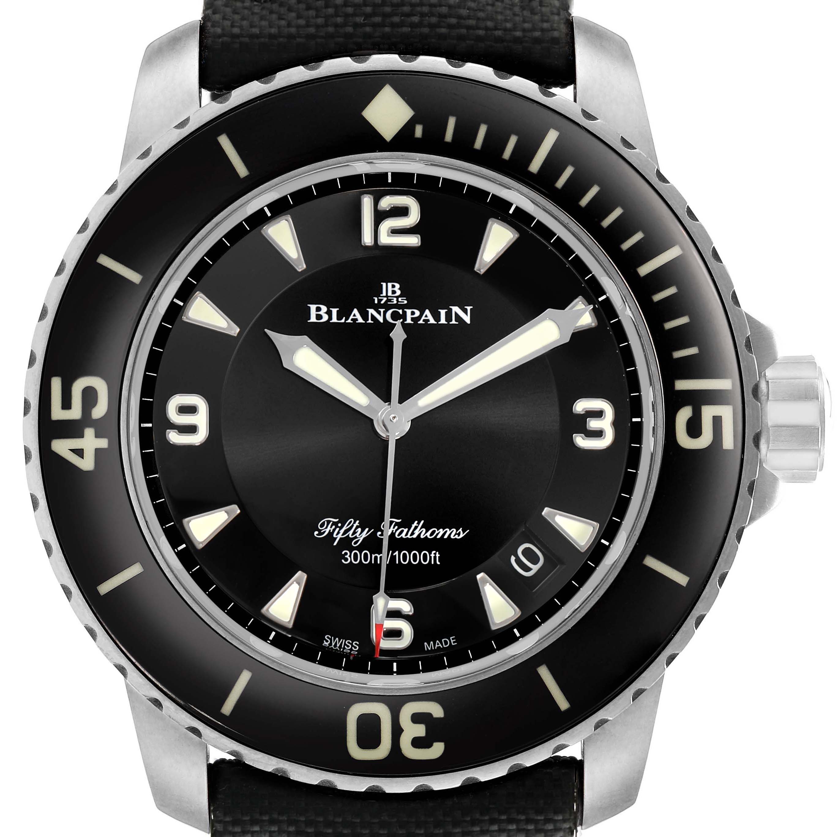 The Blancpain Fifty Fathoms 5015-1130-52A Men's Stainless Steel Black Dial watch is shown from a front angle, displaying the dial, bezel, hands, and crown.