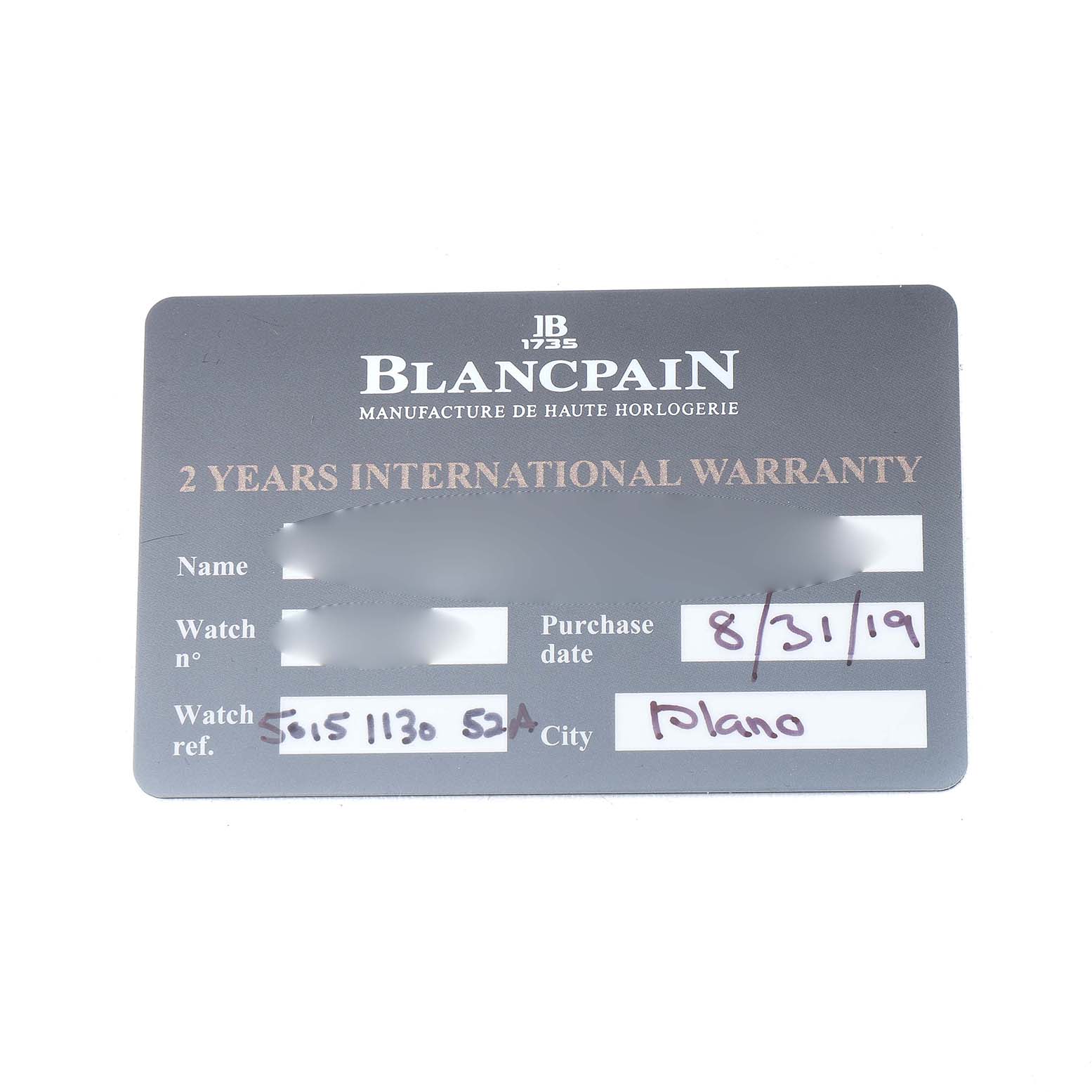 The image shows the warranty card for the Blancpain Fifty Fathoms 5015-1130-52A Men's Stainless Steel Black Dial, displaying purchase details.