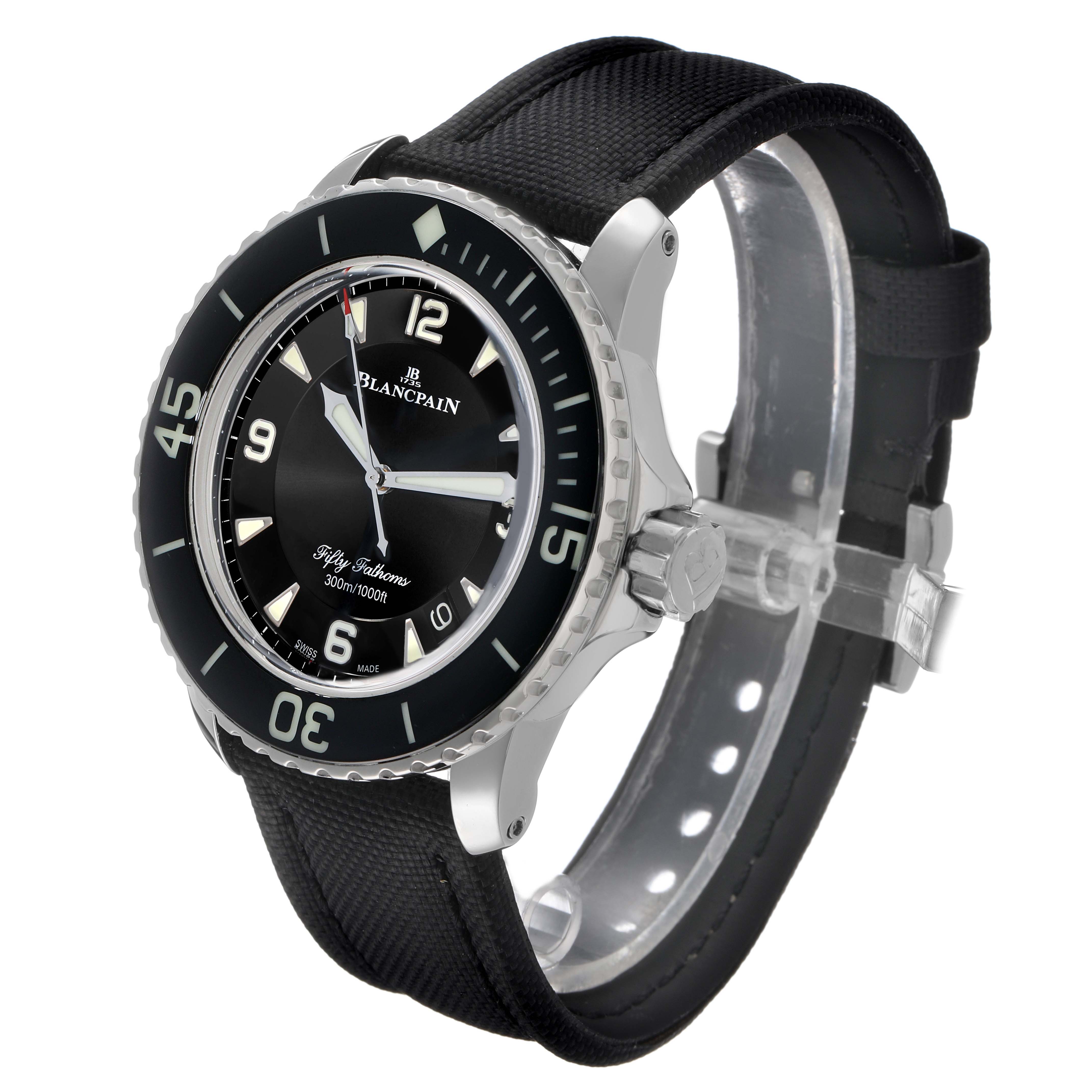 The Blancpain Fifty Fathoms 5015-1130-52A Men's Stainless Steel Black Dial watch is shown at an angled side view, highlighting the dial, bezel, crown, and strap.