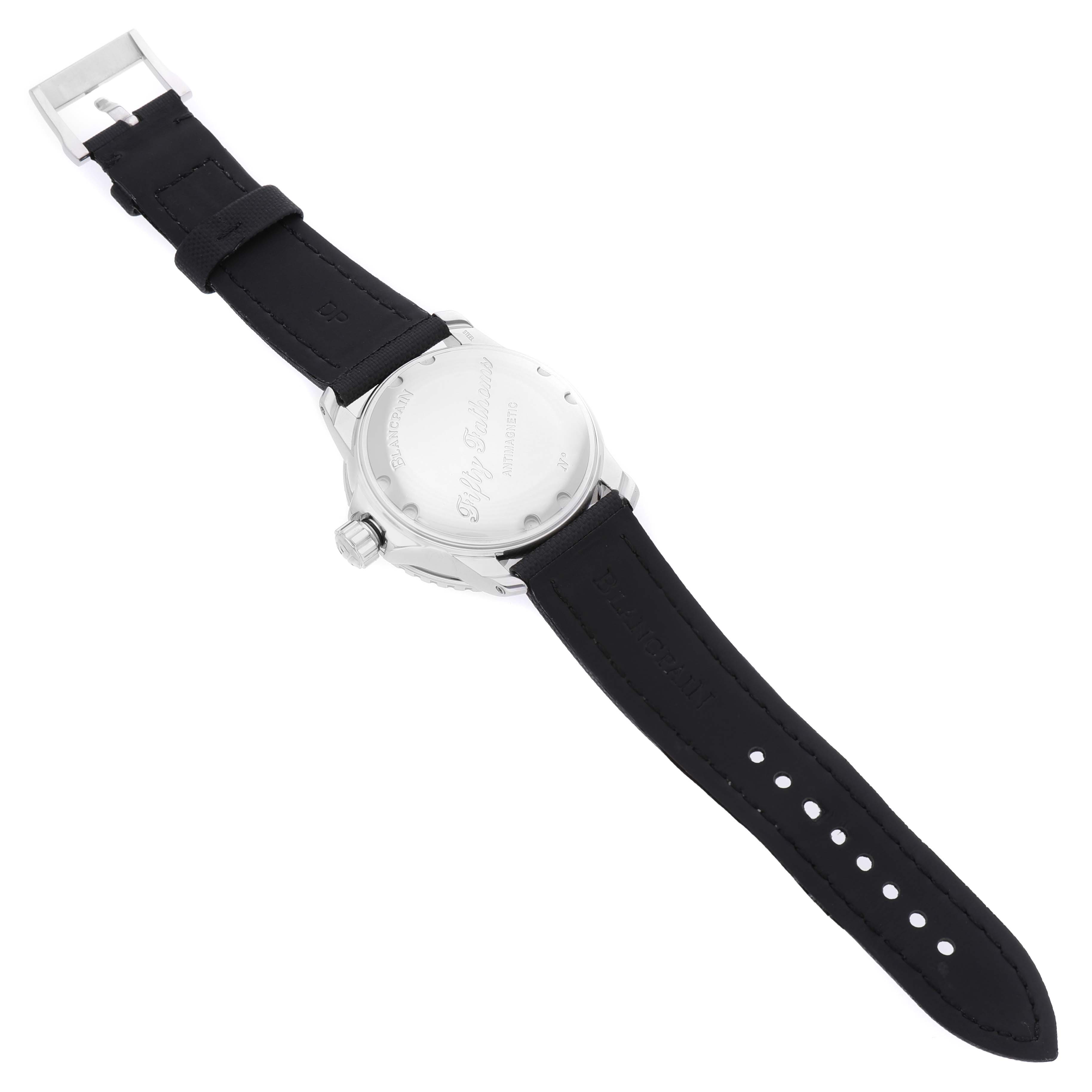 The image shows a rear view of the Blancpain Fifty Fathoms 5015-1130-52A Men's Stainless Steel Black Dial watch, highlighting the case back and strap.