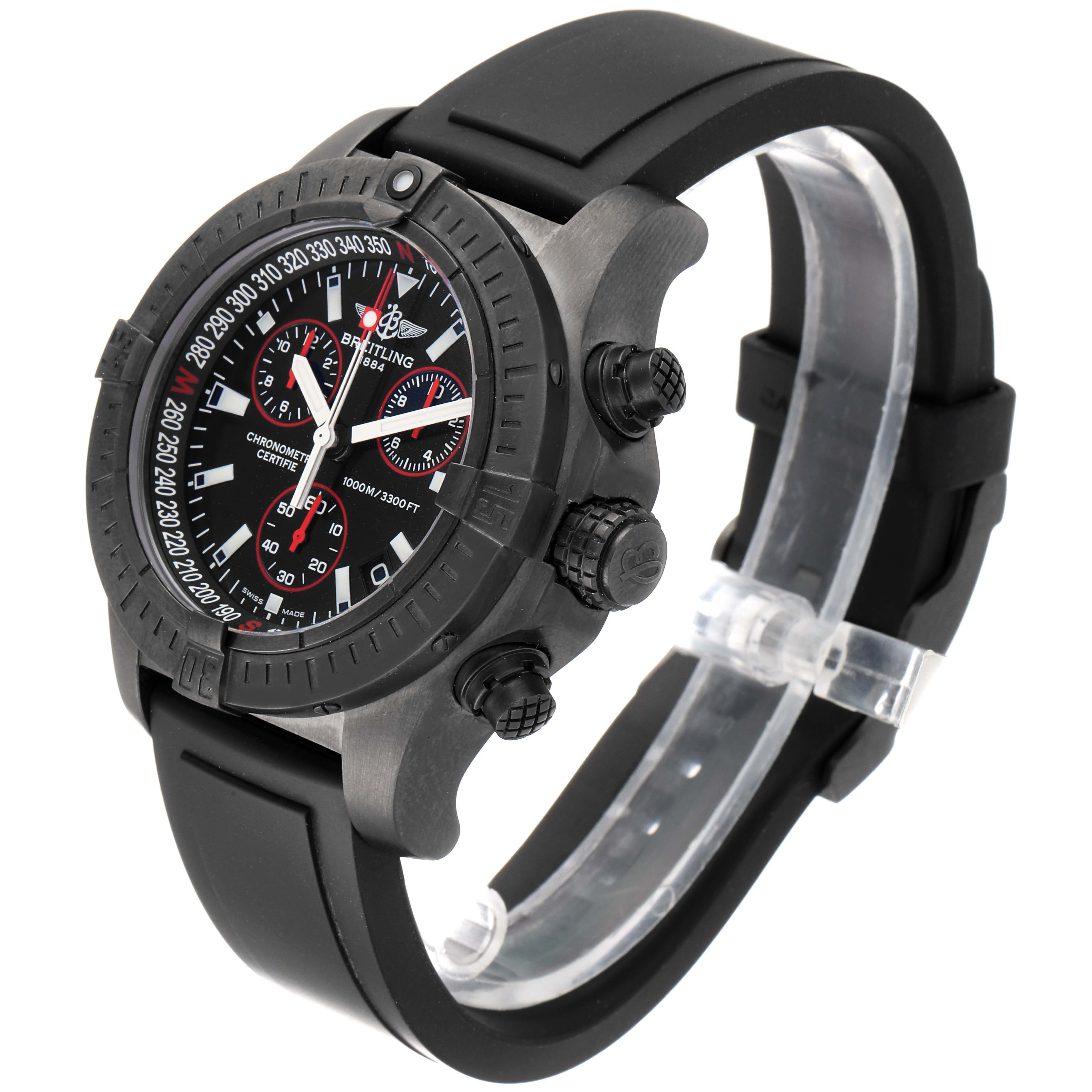 The image shows a side and front angle of the Breitling Avenger M73390 Men's Stainless Steel Black Dial M73390 Men's Stainless Steel Black Dial watch, highlighting its dial, bezel, and rubber strap.