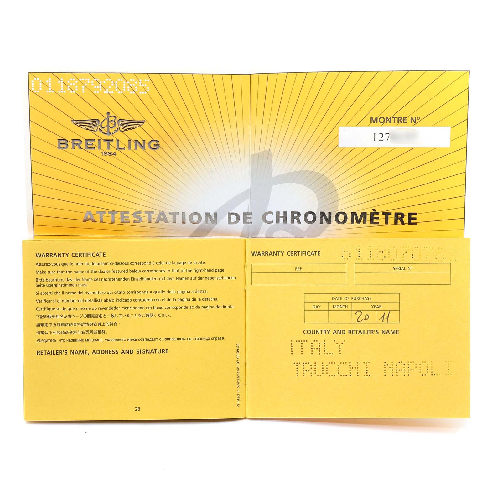 This image shows the warranty certificate and chronometer attestation documents for a Breitling Avenger M73390 Men's Stainless Steel Black Dial M73390 Men's Stainless Steel Black Dial watch.