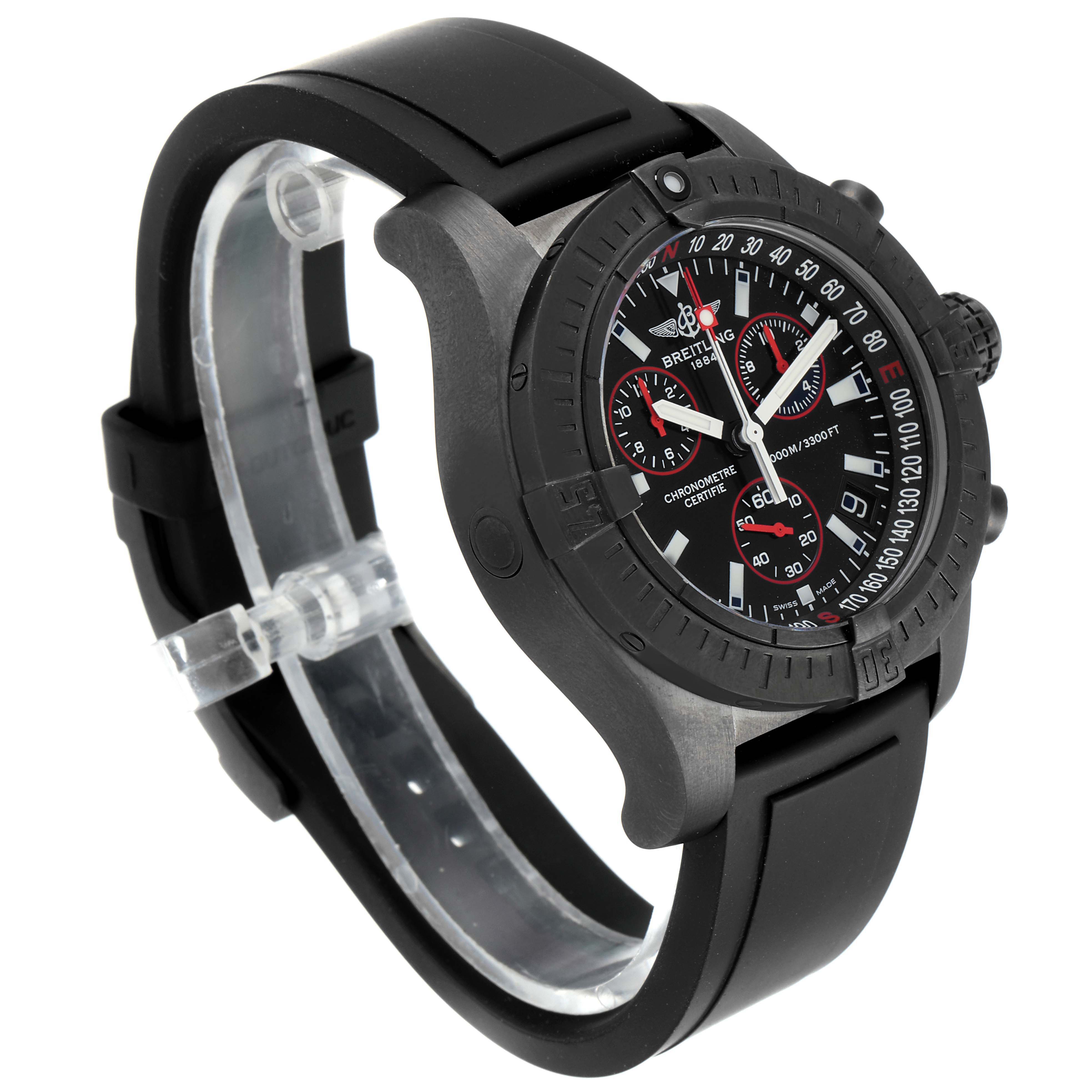 The image shows a side angle view of a Breitling Avenger M73390 Men's Stainless Steel Black Dial M73390 Men's Stainless Steel Black Dial watch, highlighting the black dial, bezel, chronograph, and rubber strap.