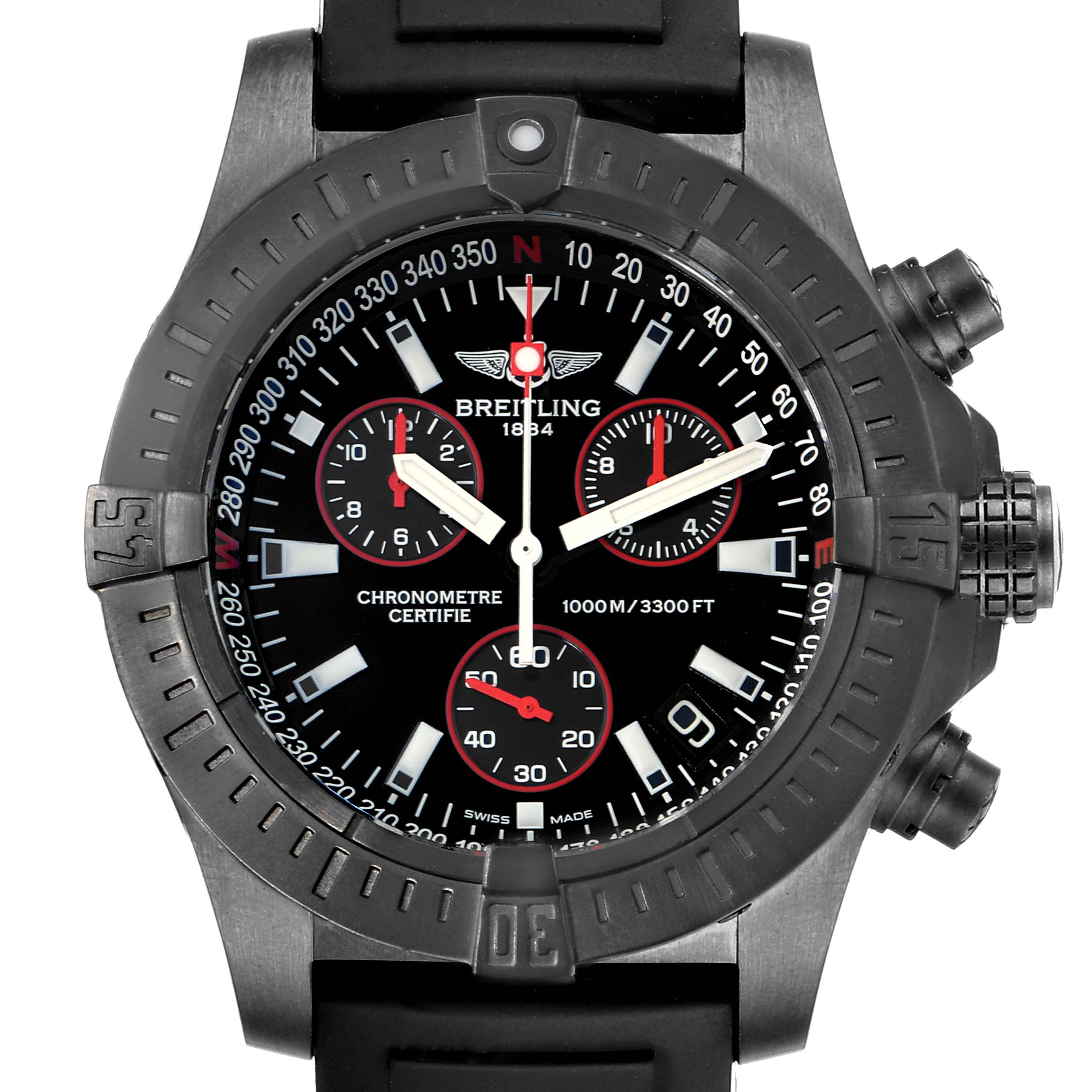 The image shows a front view of the Breitling Avenger M73390 Men's Stainless Steel Black Dial M73390 Men's Stainless Steel Black Dial watch, highlighting its black dial, chronograph subdials, and bezel.