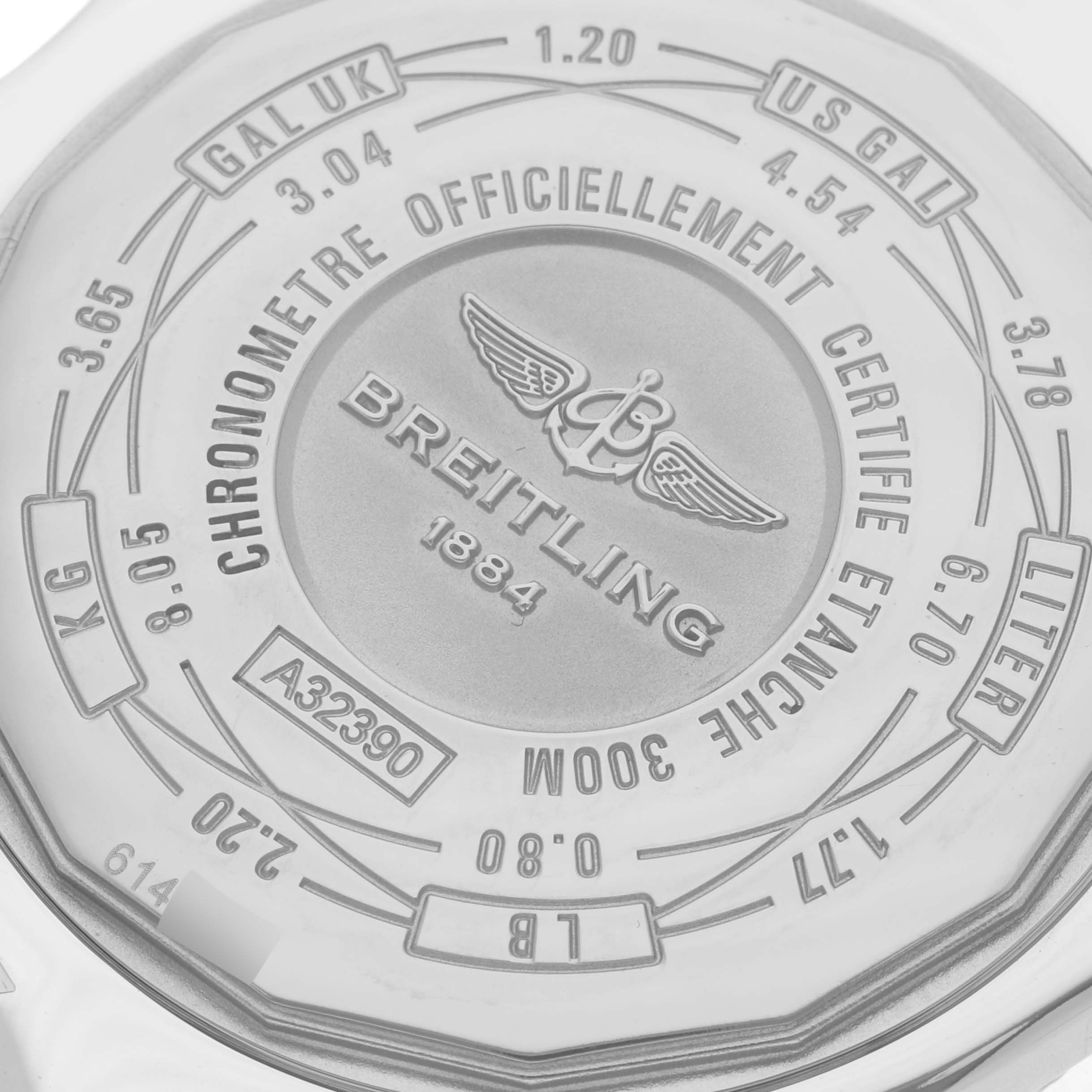 The image shows the back case of the Breitling Avenger A3239011/C930 Men's Stainless Steel Mother of Pearl Dial A3239011/C930 Men's Stainless Steel Mother of Pearl Dial watch, detailing markings and engravings.