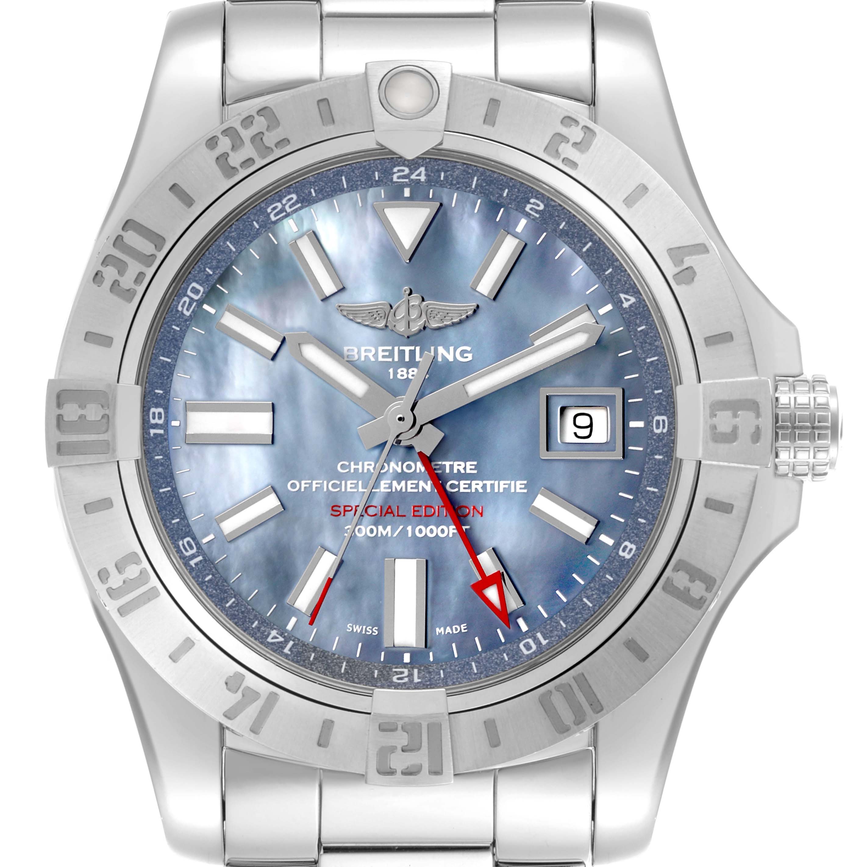 The Breitling Avenger A3239011/C930 Men's Stainless Steel Mother of Pearl Dial A3239011/C930 Men's Stainless Steel Mother of Pearl Dial watch is shown from the front, displaying the dial, bezel, date window, and part of the bracelet.