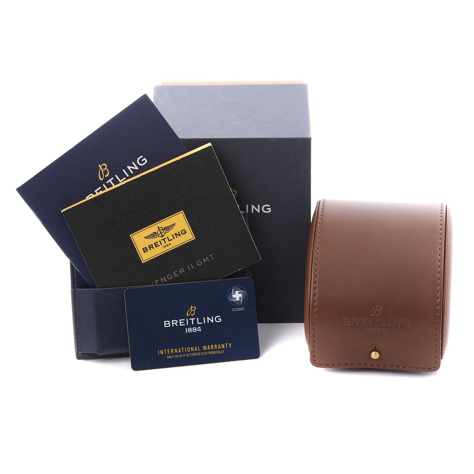 The image shows Breitling Avenger A3239011/C930 Men's Stainless Steel Mother of Pearl Dial A3239011/C930 Men's Stainless Steel Mother of Pearl Dial watch accessories, including a box, leather case, manuals, and warranty card.