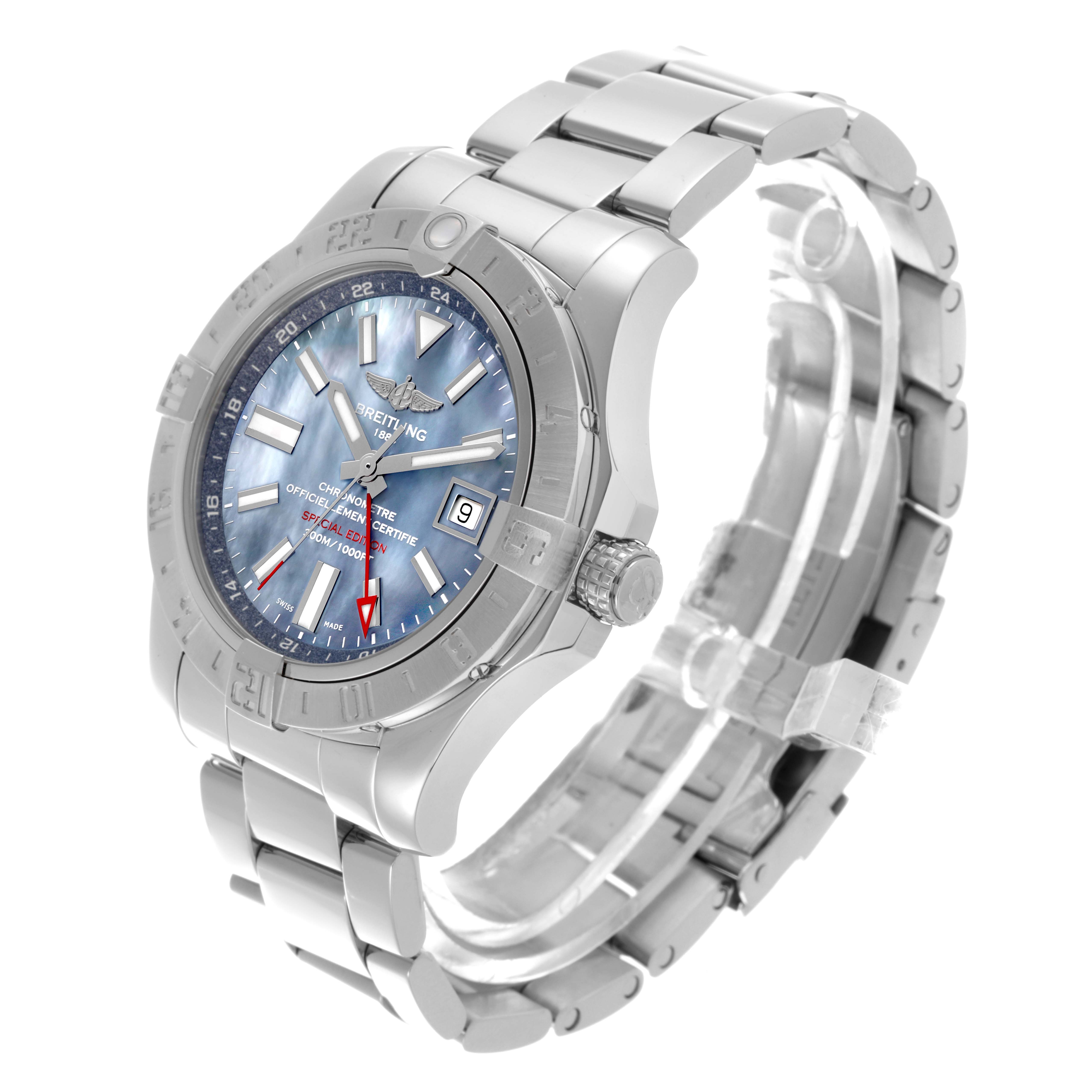 The Breitling Avenger A3239011/C930 Men's Stainless Steel Mother of Pearl Dial A3239011/C930 Men's Stainless Steel Mother of Pearl Dial watch is shown from a three-quarter angle, highlighting its face, bezel, and metal bracelet.