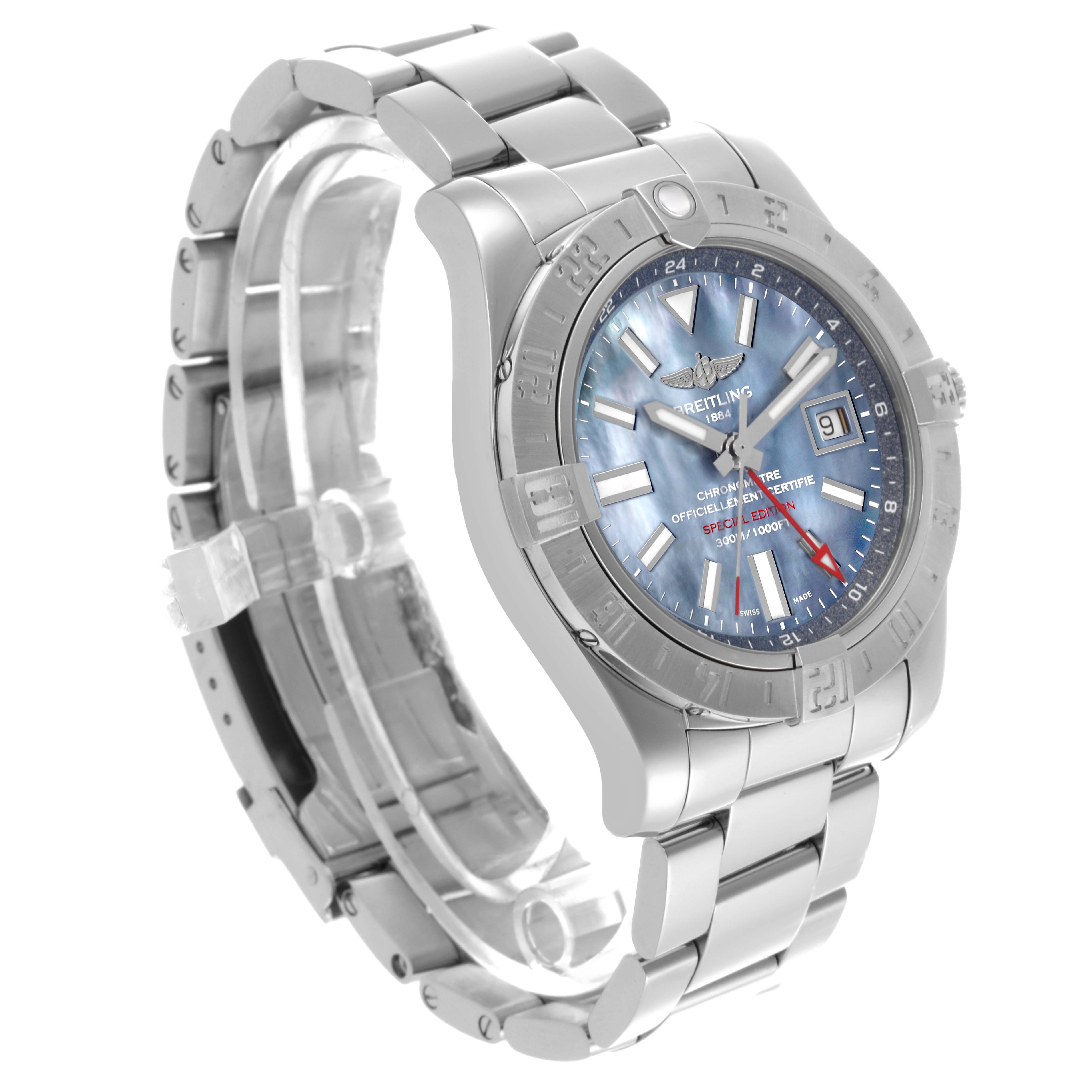 The Breitling Avenger A3239011/C930 Men's Stainless Steel Mother of Pearl Dial A3239011/C930 Men's Stainless Steel Mother of Pearl Dial watch is shown at a slight angle, highlighting the dial, bezel, and metal bracelet.