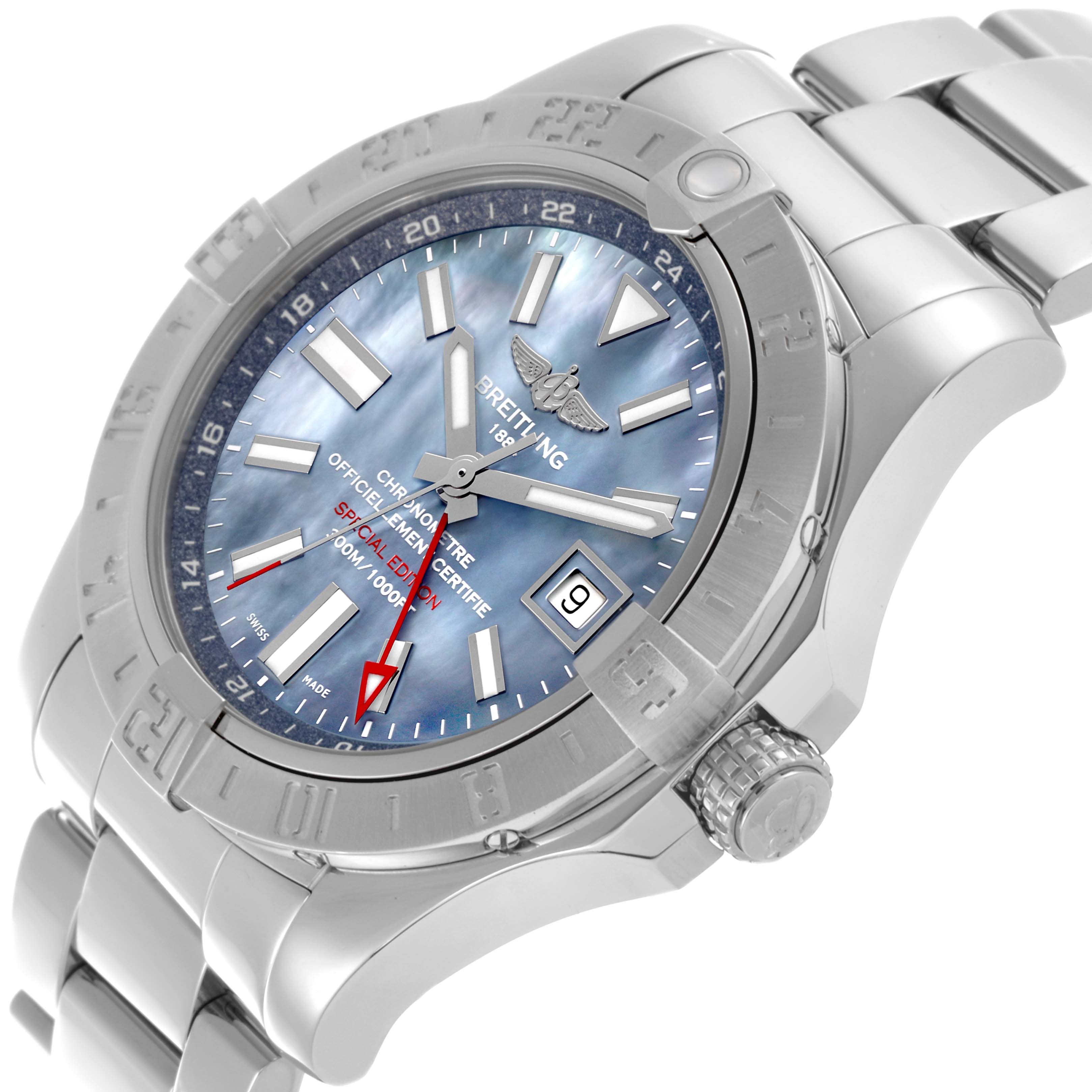 The Breitling Avenger A3239011/C930 Men's Stainless Steel Mother of Pearl Dial A3239011/C930 Men's Stainless Steel Mother of Pearl Dial watch is shown at an oblique angle, highlighting its bezel, dial, and metal bracelet.