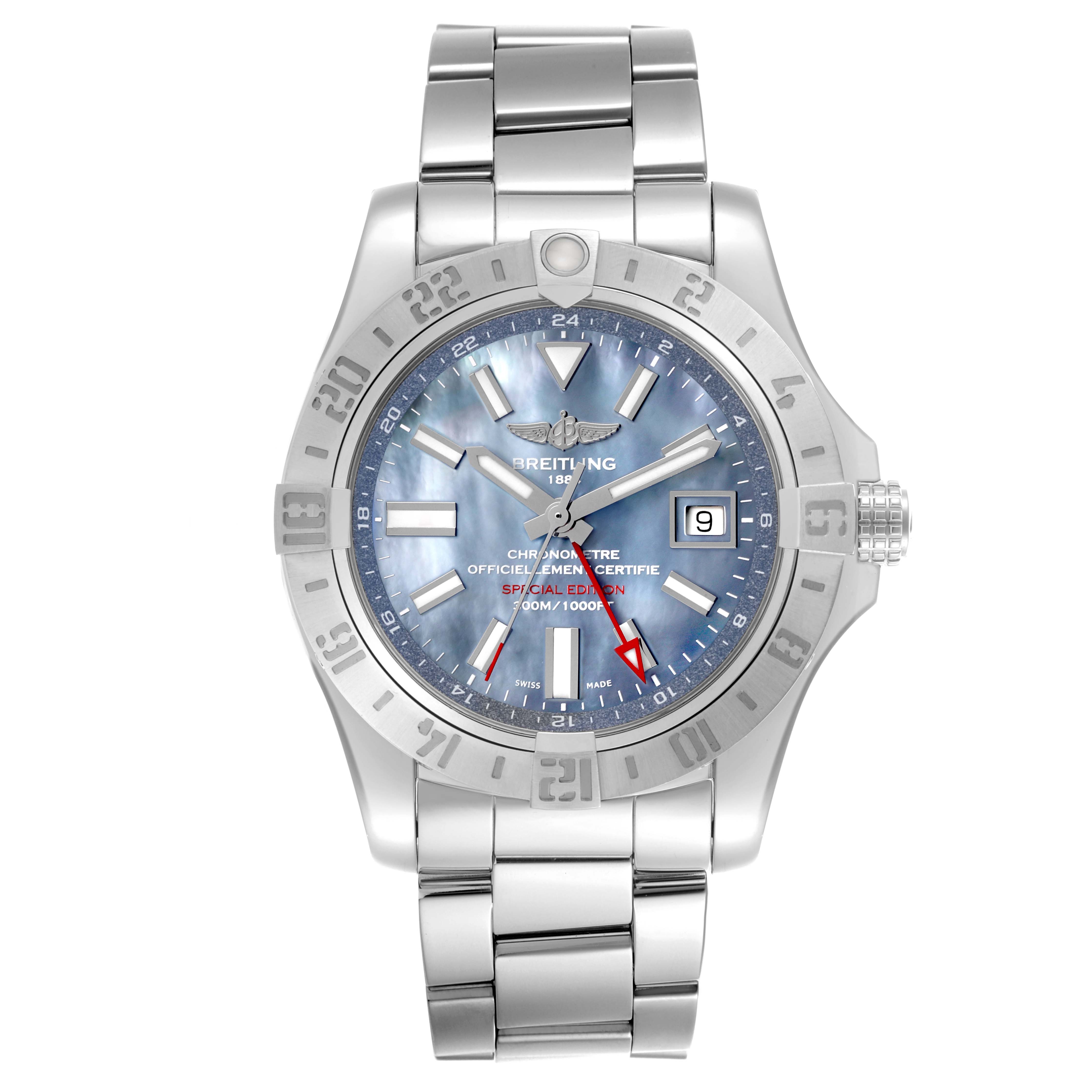 The Breitling Avenger A3239011/C930 Men's Stainless Steel Mother of Pearl Dial A3239011/C930 Men's Stainless Steel Mother of Pearl Dial watch is shown from a top-down angle, displaying its face, bezel, and bracelet.