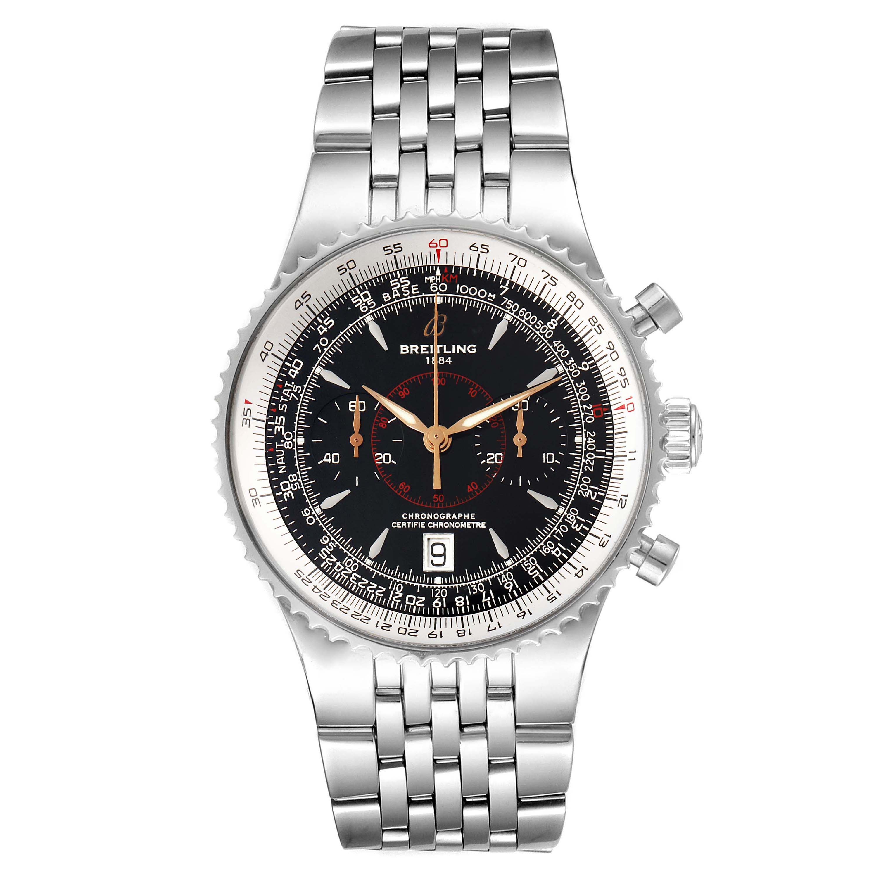 This Breitling Navitimer A23340 Men's Stainless Steel Black Dial A23340 Men's Stainless Steel Black Dial model watch is shown in a front-facing angle, featuring its dial, bezel, crown, chronograph buttons, and bracelet.