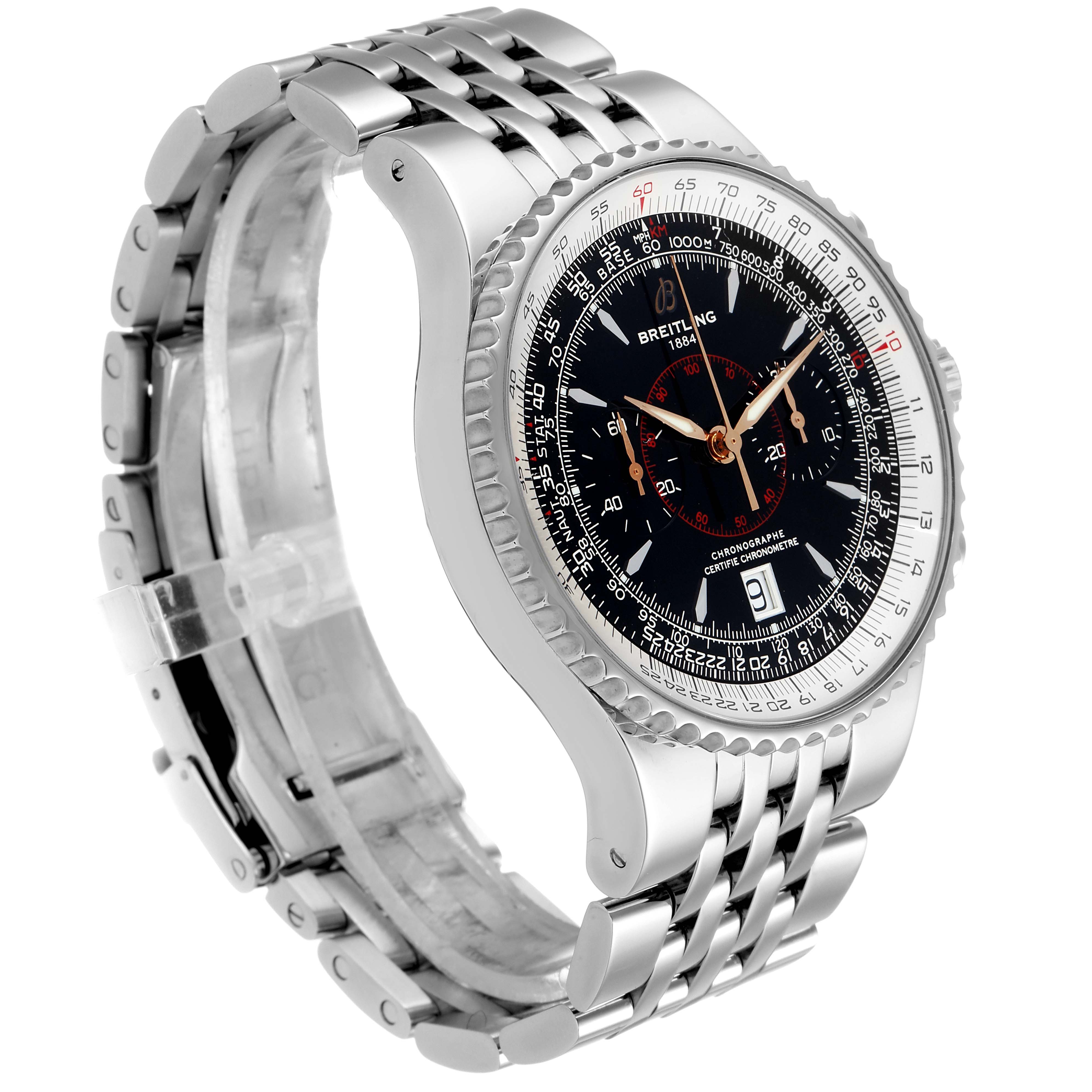 The image shows a Breitling Navitimer A23340 Men's Stainless Steel Black Dial A23340 Men's Stainless Steel Black Dial watch in a side view with its stainless steel case, bezel, and bracelet displayed.