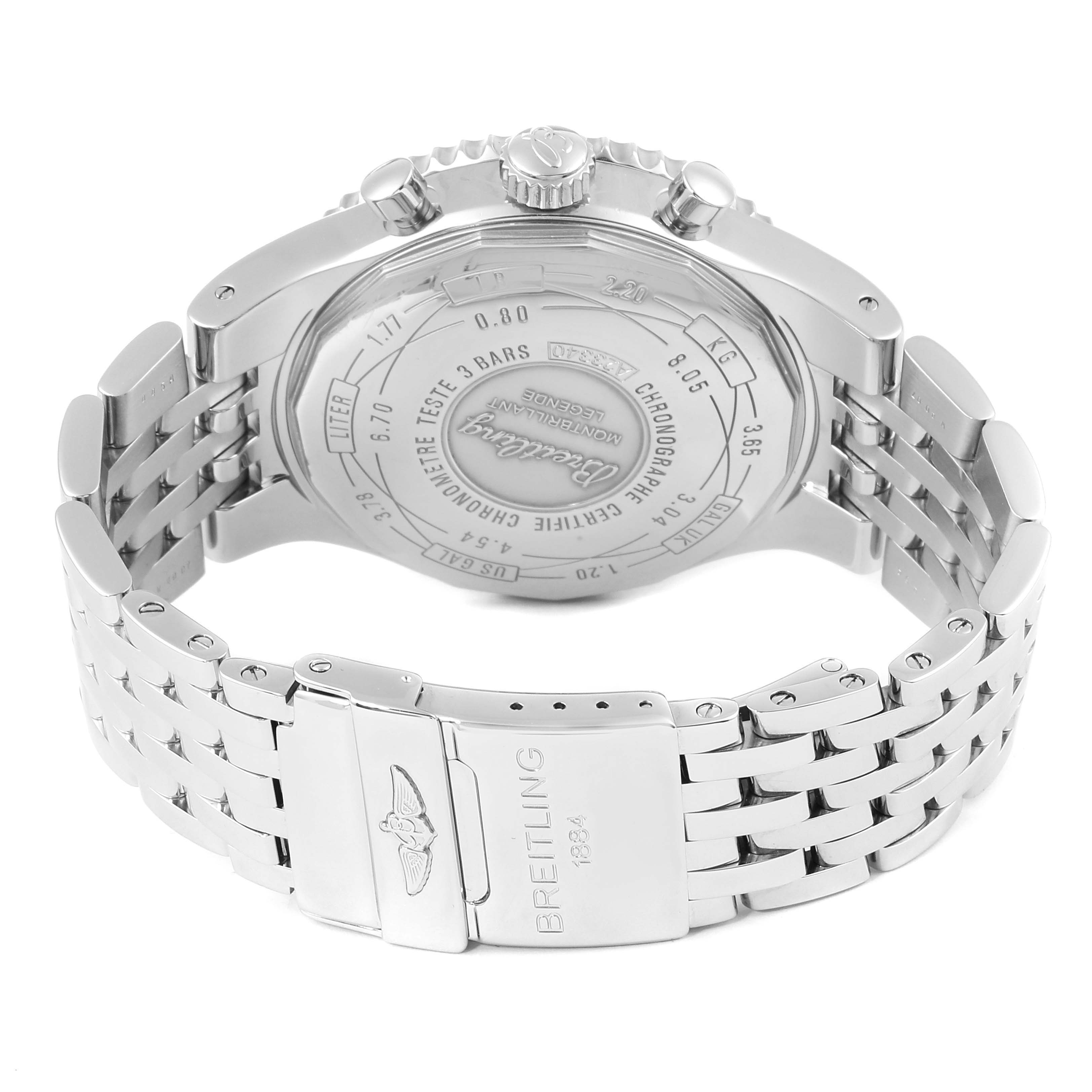 The image shows the back view of a Breitling Navitimer A23340 Men's Stainless Steel Black Dial A23340 Men's Stainless Steel Black Dial watch, highlighting the case back, crown, pushers, and bracelet with clasp.