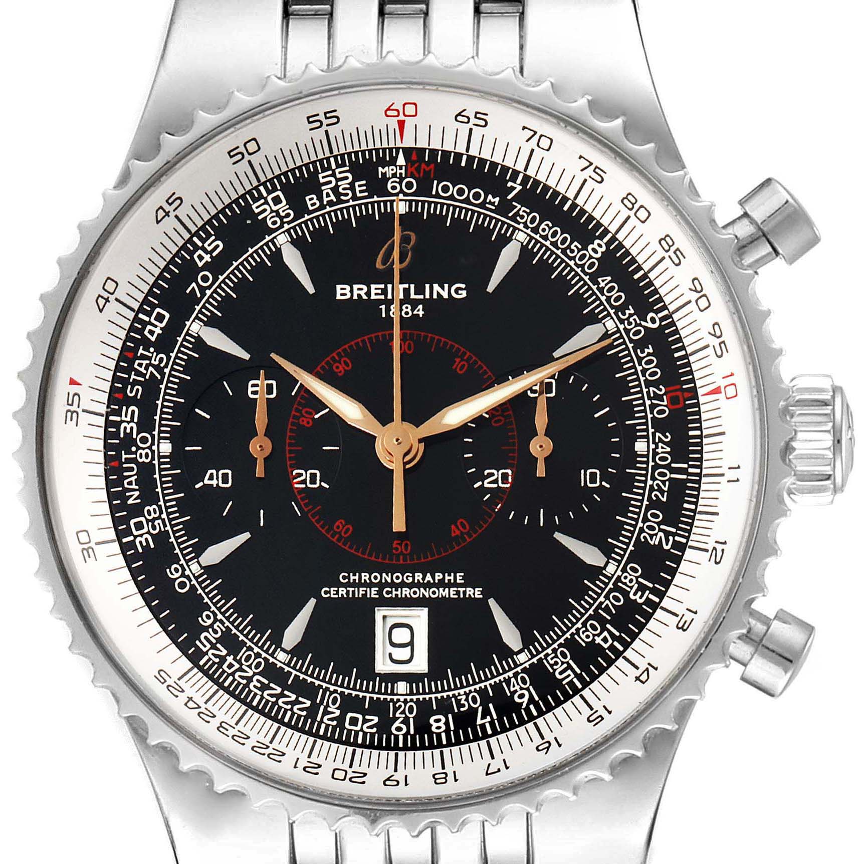The Breitling Navitimer A23340 Men's Stainless Steel Black Dial A23340 Men's Stainless Steel Black Dial watch is shown from a front angle, displaying its chronograph subdials, bezel, and date window.