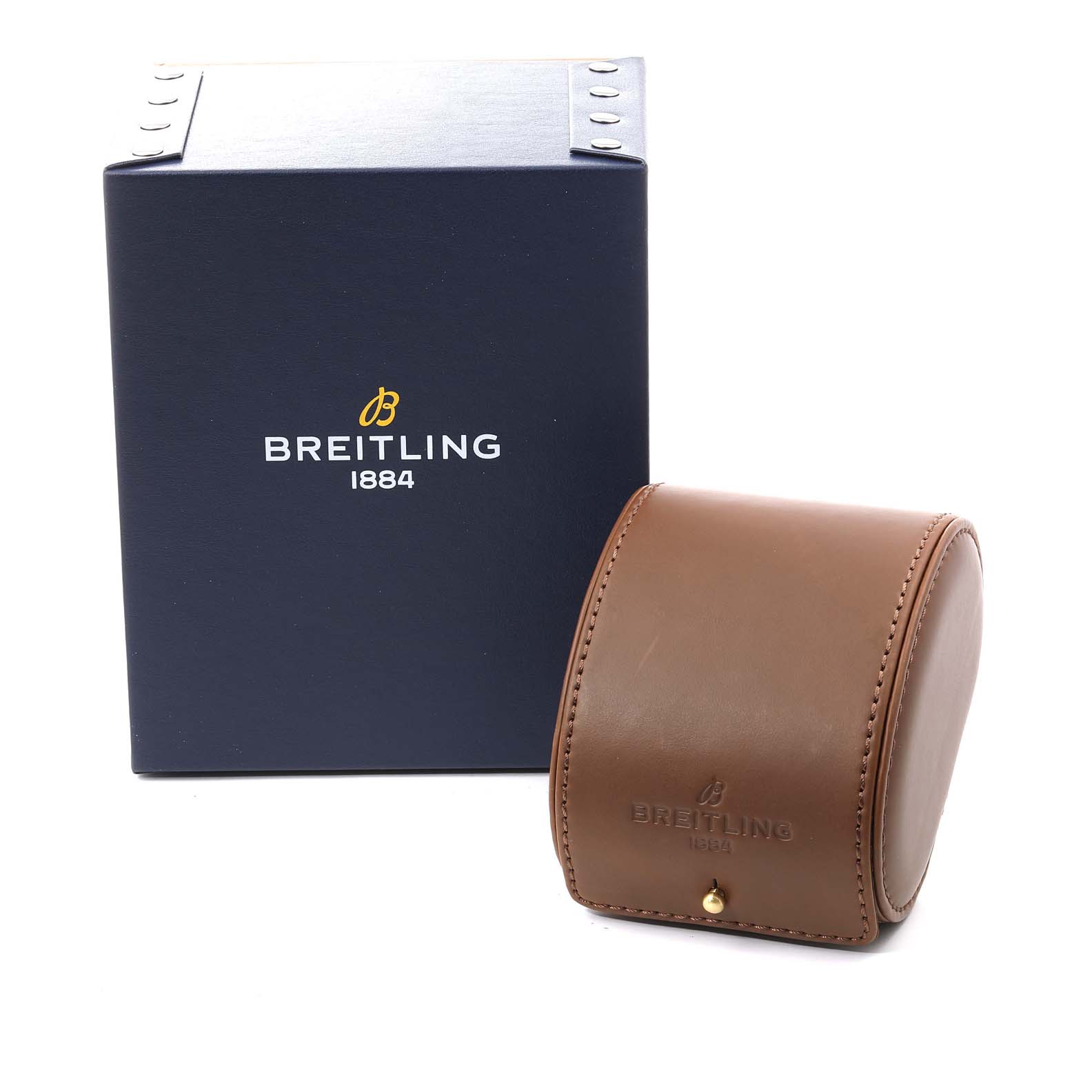The image shows the packaging and a leather case for a Breitling Navitimer A23340 Men's Stainless Steel Black Dial A23340 Men's Stainless Steel Black Dial watch.
