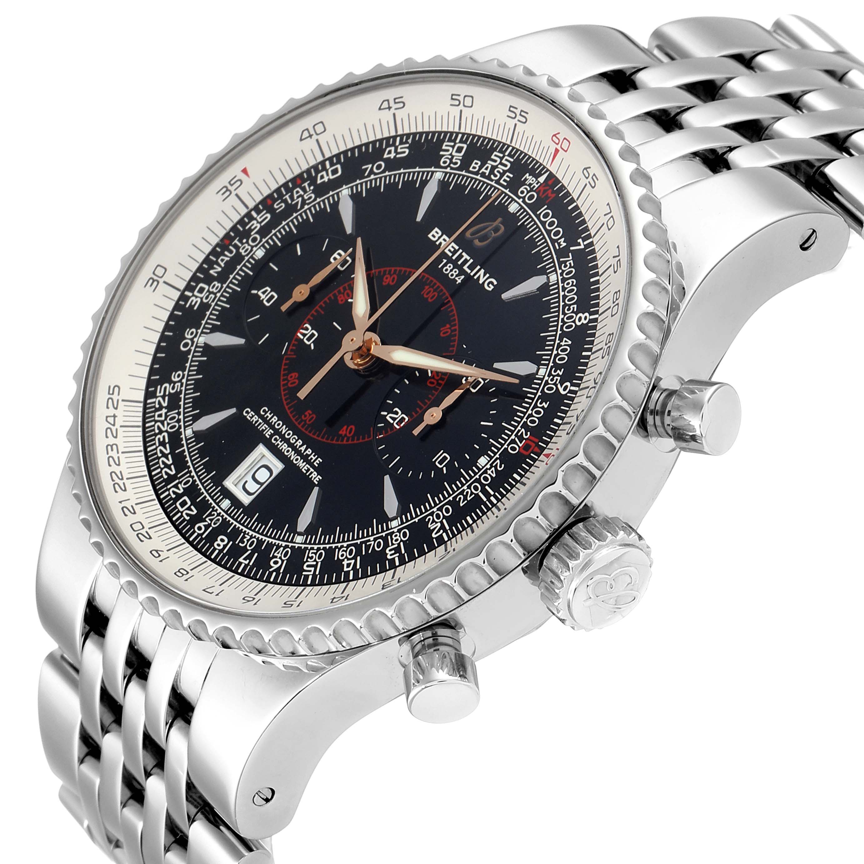 The image shows a side-angle view of the Breitling Navitimer A23340 Men's Stainless Steel Black Dial A23340 Men's Stainless Steel Black Dial, featuring its dial, bezel, crown, and chronograph pushers.
