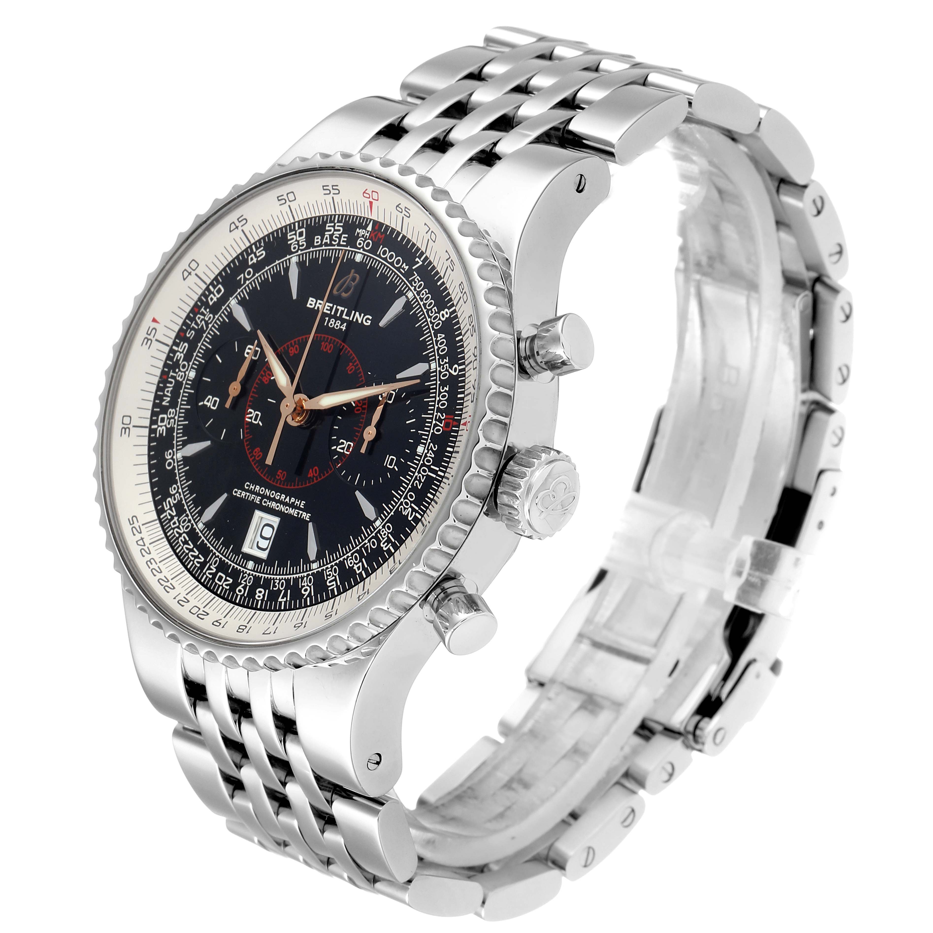The image shows a Breitling Navitimer A23340 Men's Stainless Steel Black Dial A23340 Men's Stainless Steel Black Dial watch at a three-quarter angle, highlighting the face, bezel, crown, and metal bracelet.