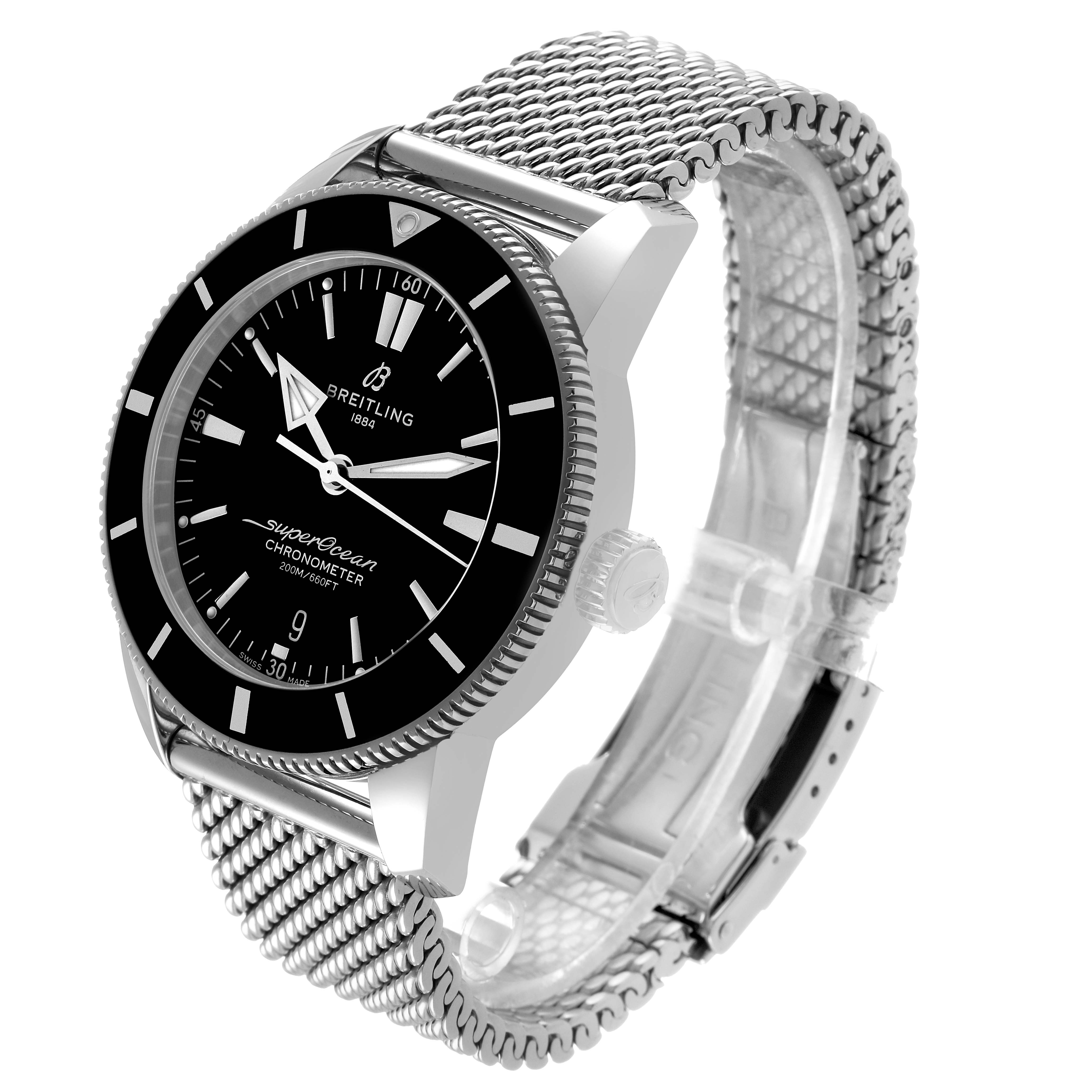 The Breitling Superocean AB2030 Men's Stainless Steel Black Dial watch is shown at a slight angle, displaying the face, bezel, crown, and mesh bracelet clearly.