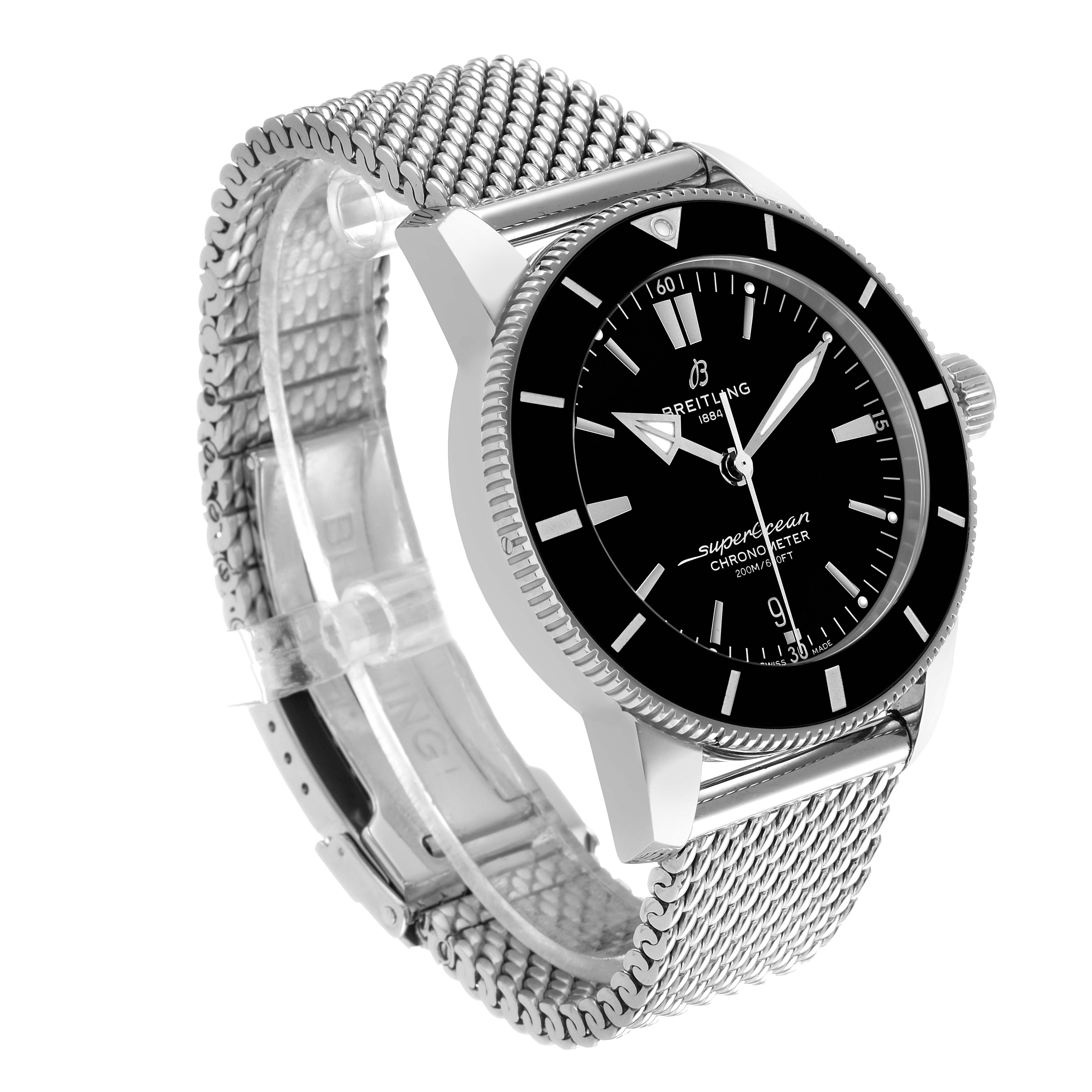The Breitling Superocean AB2030 Men's Stainless Steel Black Dial watch is shown from a front-side angle, displaying the face, bezel, case, and mesh strap.