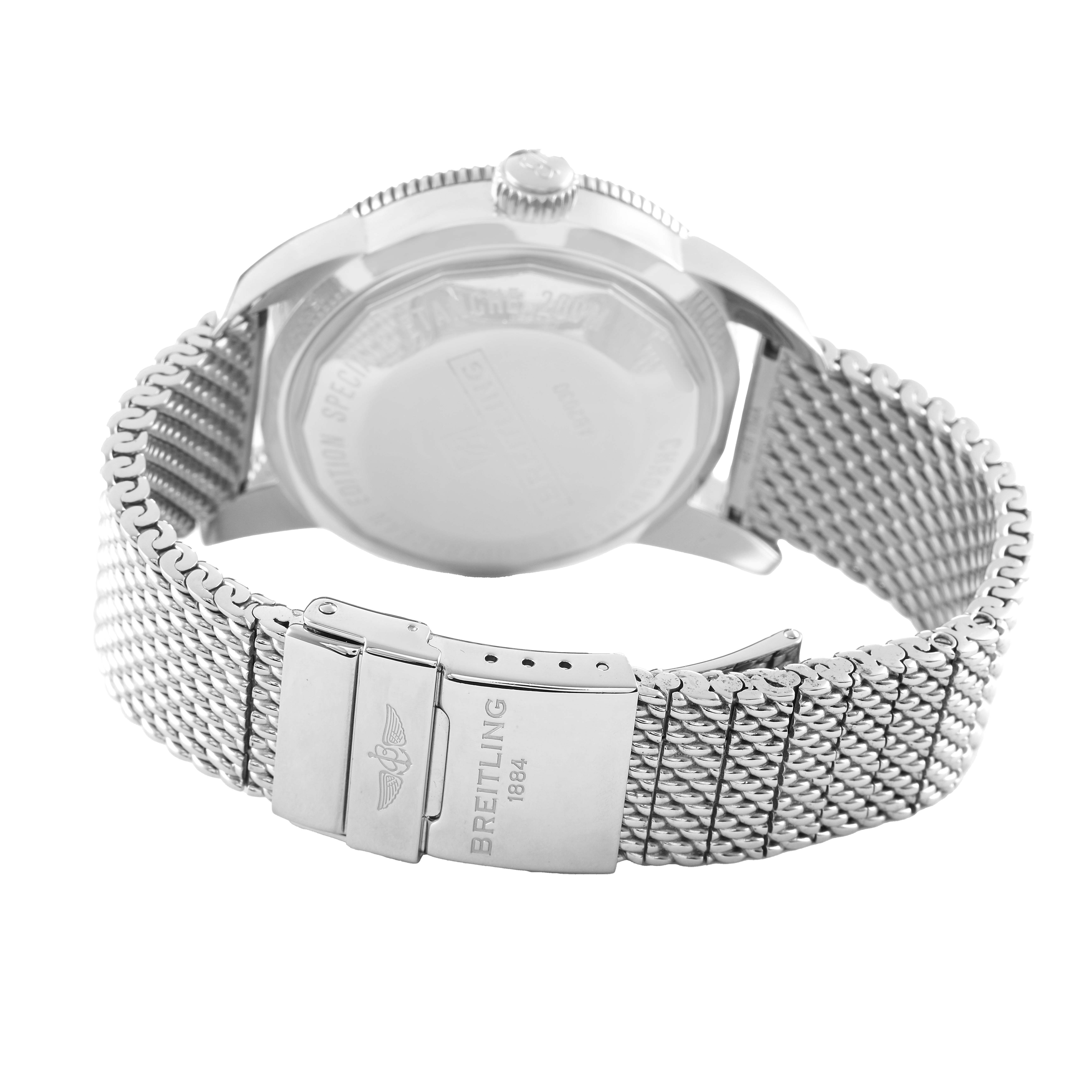 The Breitling Superocean AB2030 Men's Stainless Steel Black Dial watch is shown from the back, highlighting the mesh bracelet and clasp.