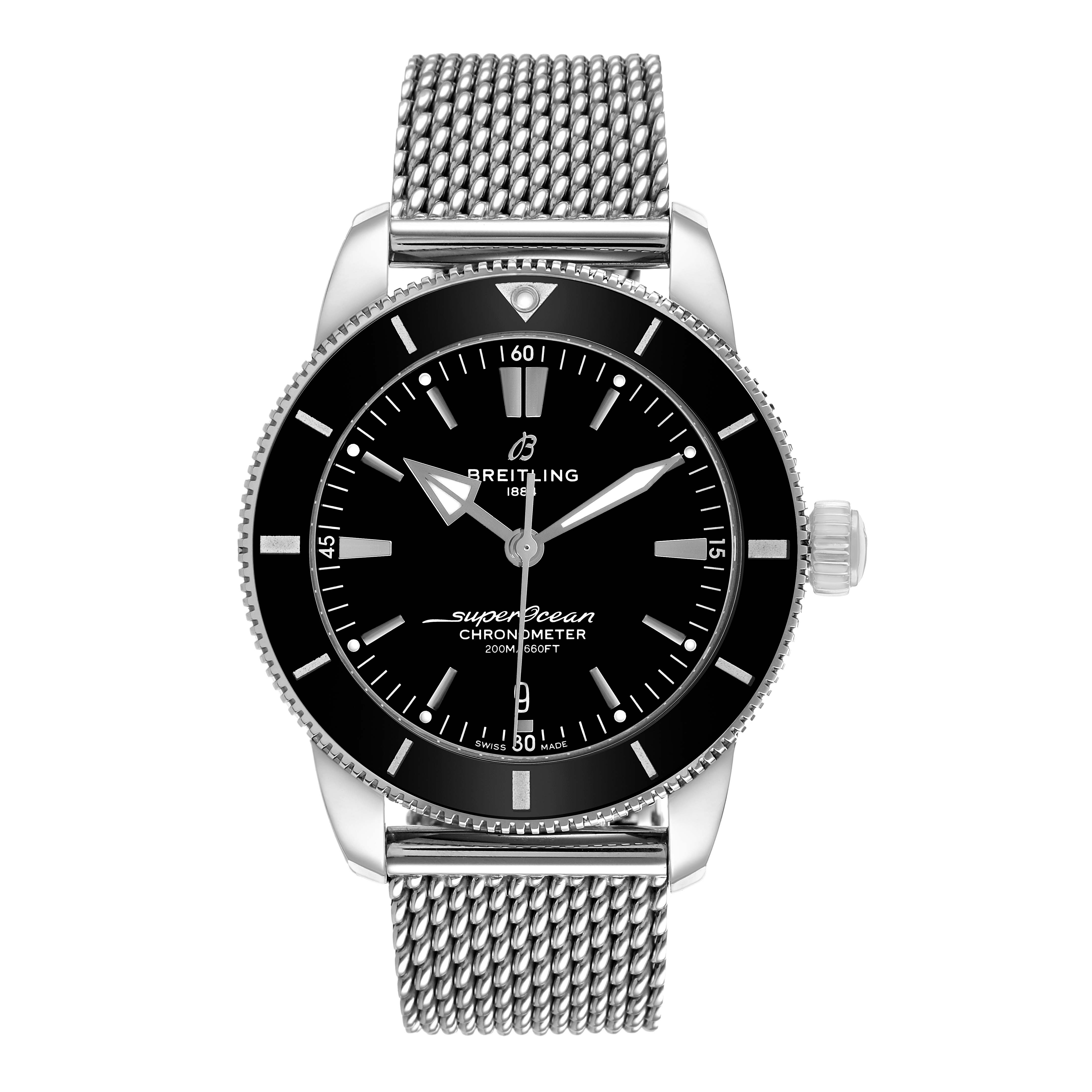 The Breitling Superocean AB2030 Men's Stainless Steel Black Dial watch is shown from a front angle, displaying the dial, bezel, and mesh bracelet.