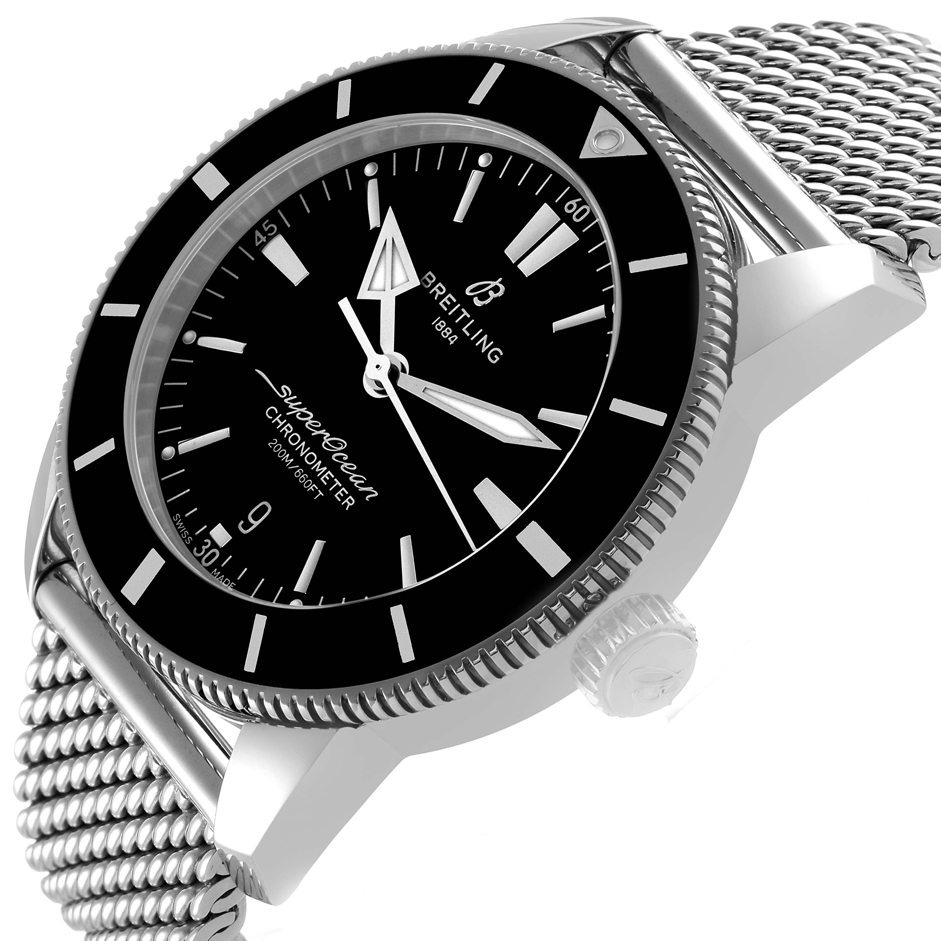 The Breitling Superocean AB2030 Men's Stainless Steel Black Dial watch is displayed at a slight angle, showing the face, bezel, crown, and mesh strap.
