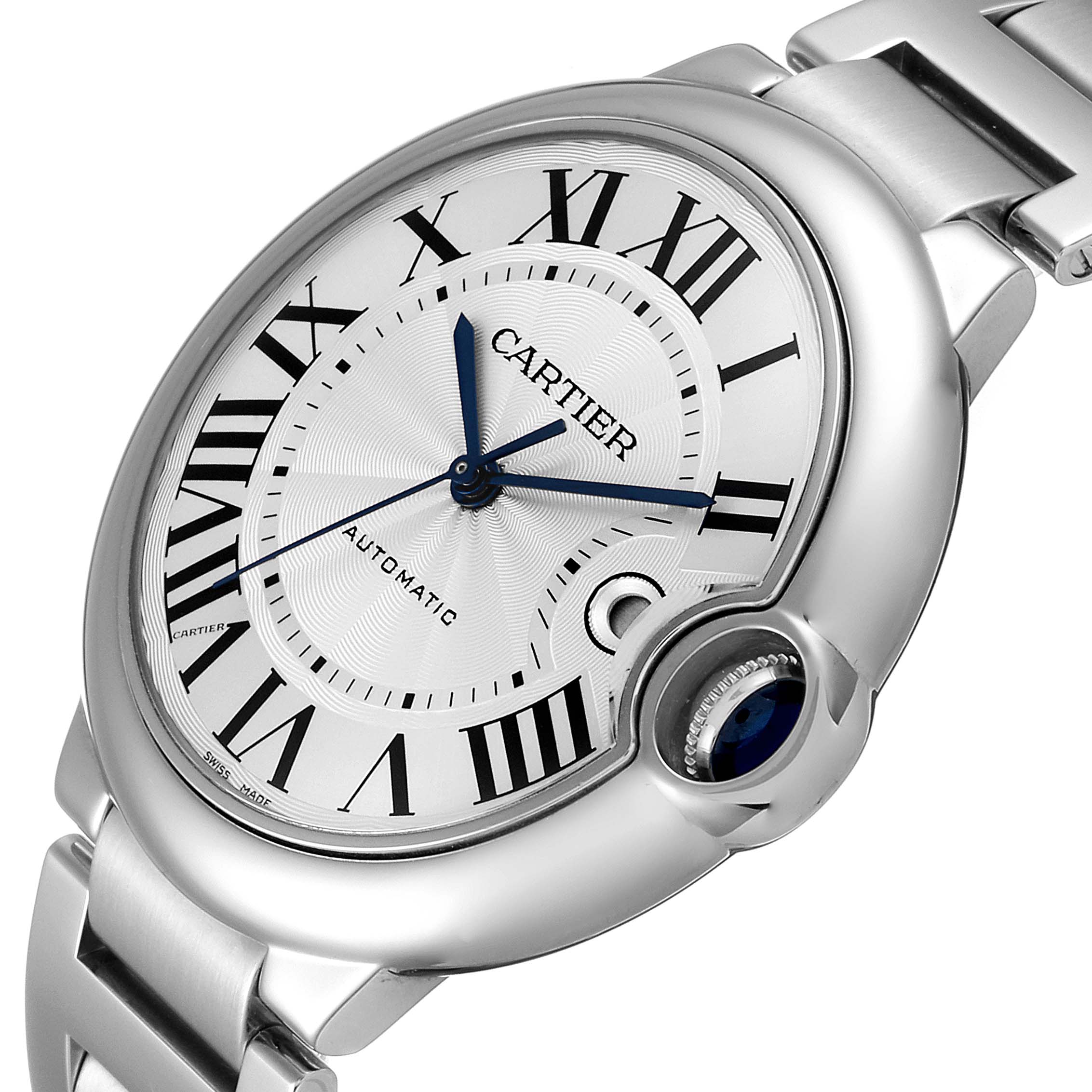 The image shows a close-up view of the Cartier Ballon Bleu W69012Z4 Men's Stainless Steel Silver Dial W69012Z4 Men's Stainless Steel Silver Dial watch face, including the crown and part of the bracelet.