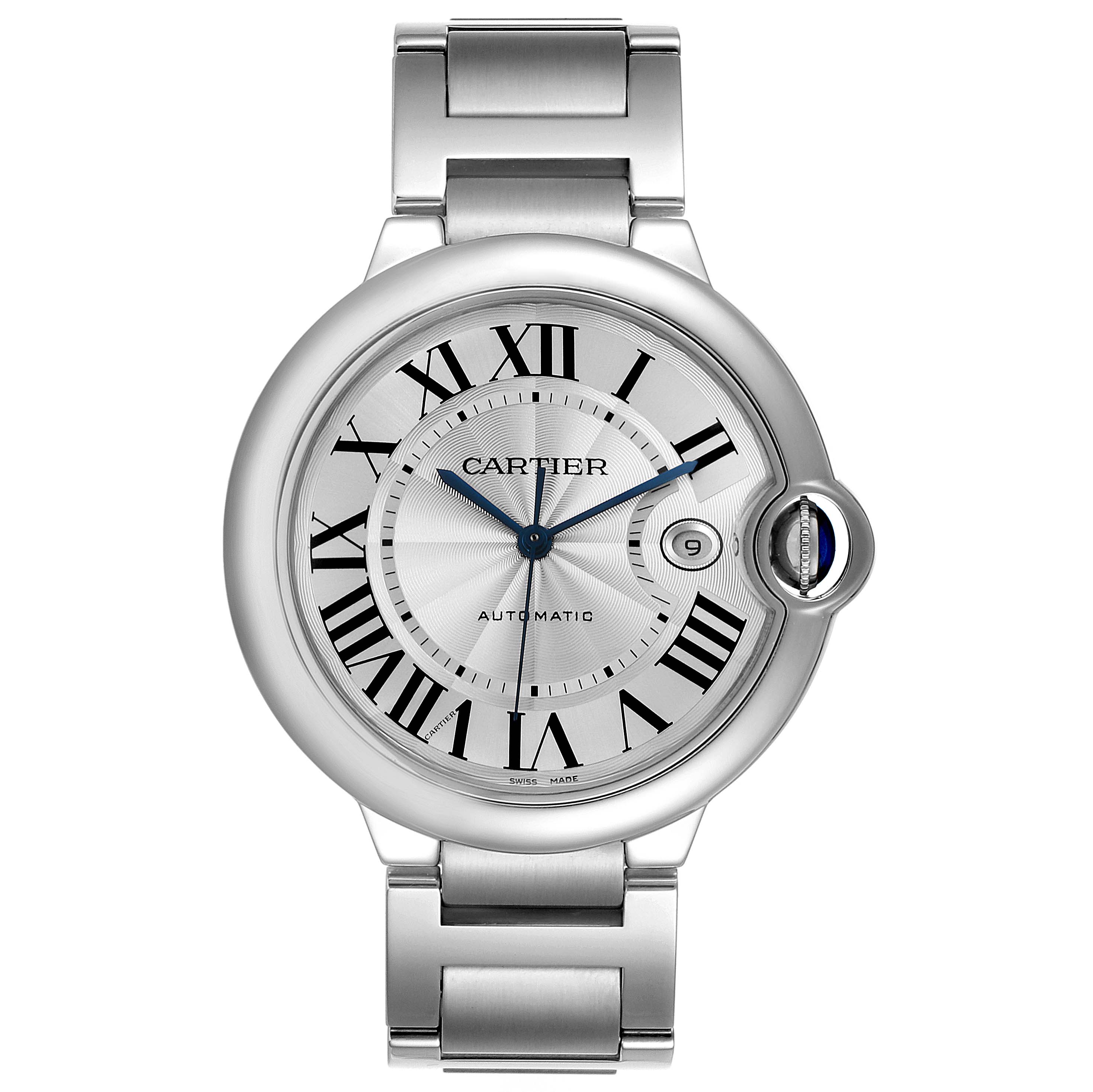 The image shows a front view of the Cartier Ballon Bleu W69012Z4 Men's Stainless Steel Silver Dial W69012Z4 Men's Stainless Steel Silver Dial watch, highlighting its Roman numeral dial and metallic bracelet.